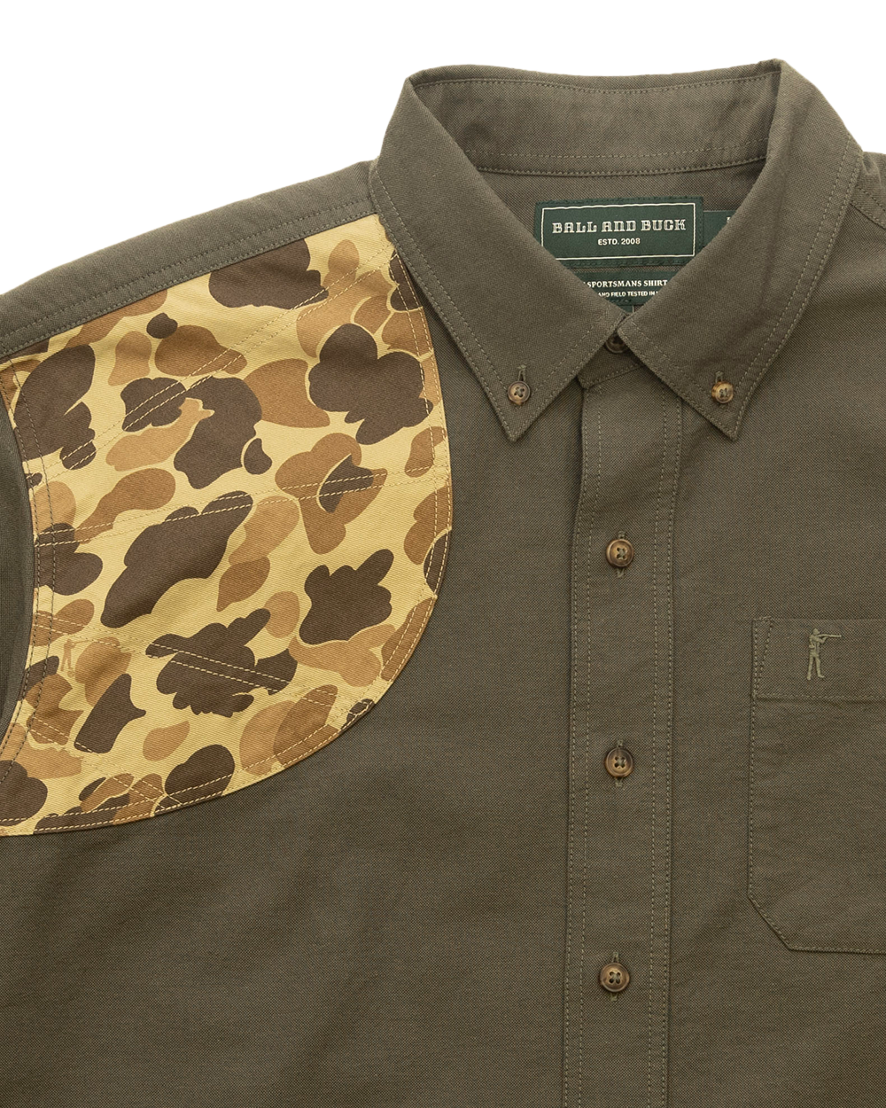 Moss Oxford oxford weave and Original Camo shoulder patch, flat lay close-up