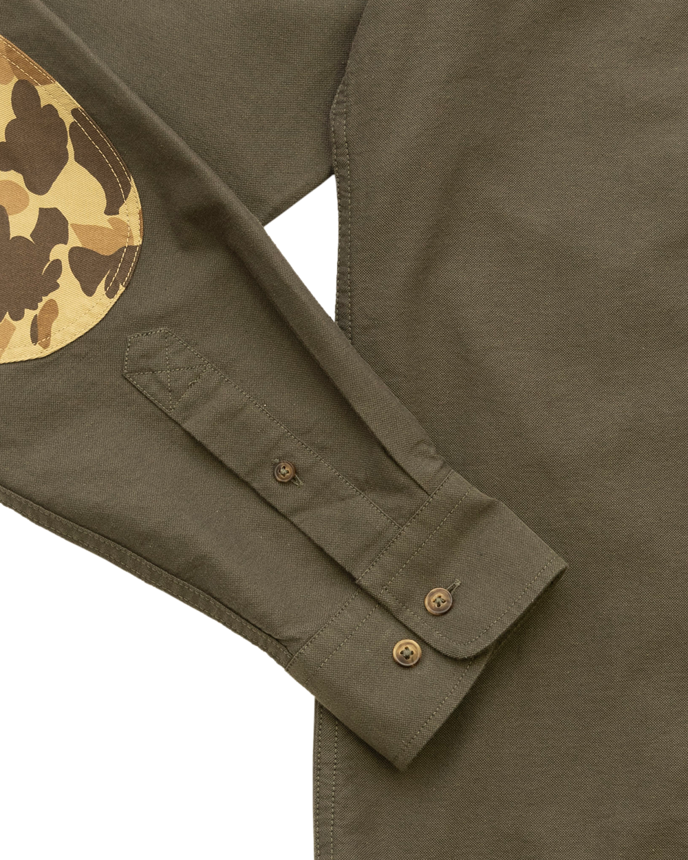 Sleeve with Original Camo elbow patch on the Moss Oxford Sportsmans Shirt