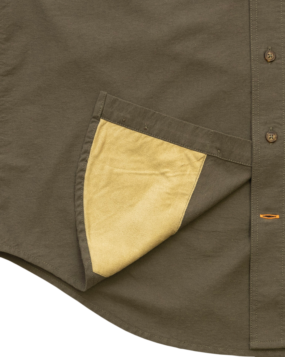 Microfiber sunglass cloth at the hem of the Moss Oxford Sportsmans Shirt