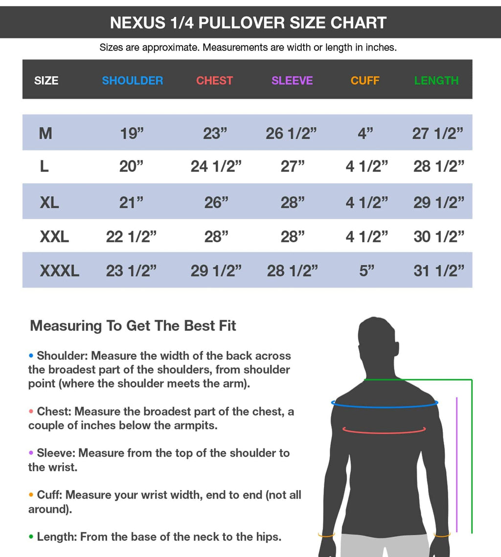 Vycah quarter-zip pullover size chart with shoulder, chest, sleeve, cuff and length measurements, M through 3XL