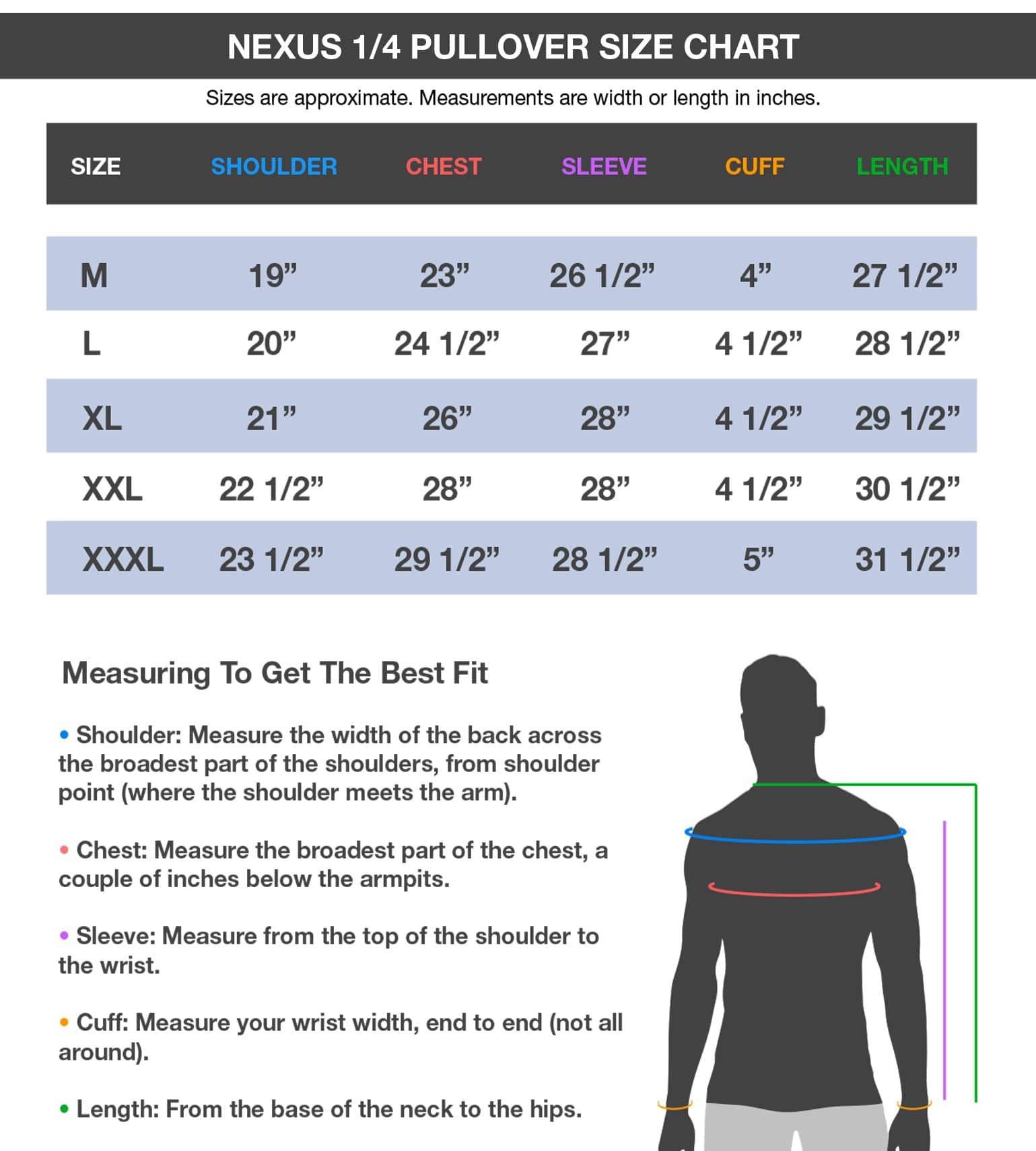Vycah quarter-zip pullover size chart with shoulder, chest, sleeve, cuff and length measurements, M through 3XL