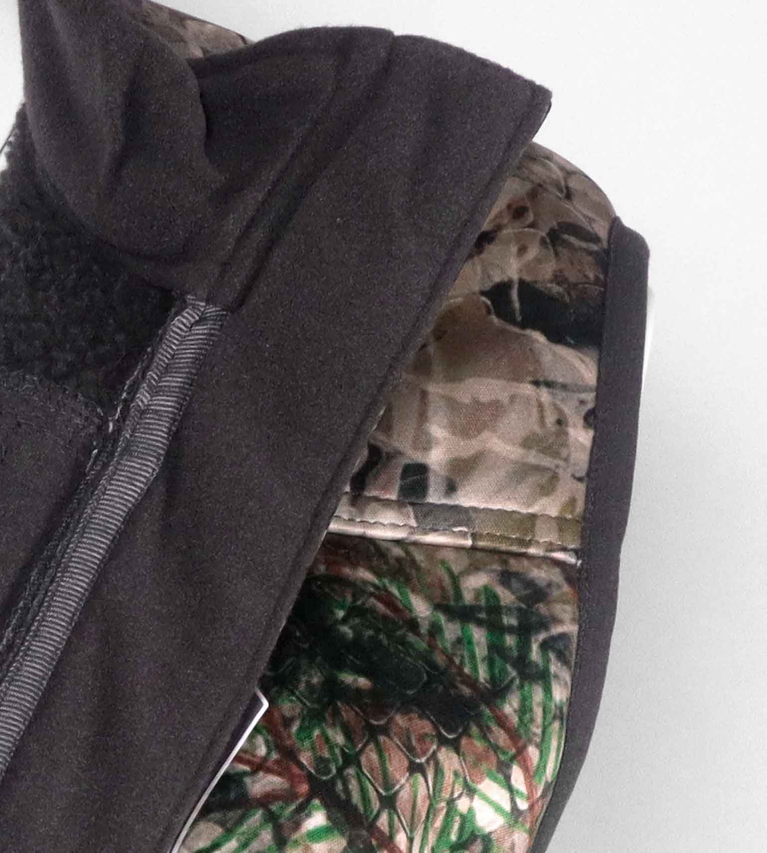 Close-up of the black fleece collar and shoulder on the Vycah Kinsley Vest in Fall camo