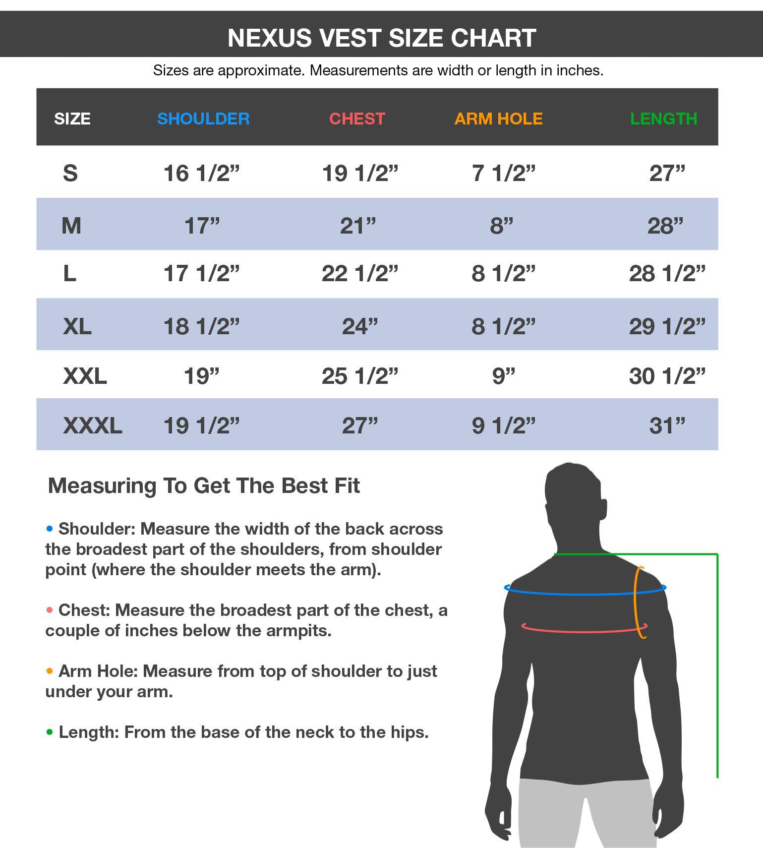 Vycah Kinsley Vest size chart with shoulder, chest, arm hole and length measurements, S through 3XL