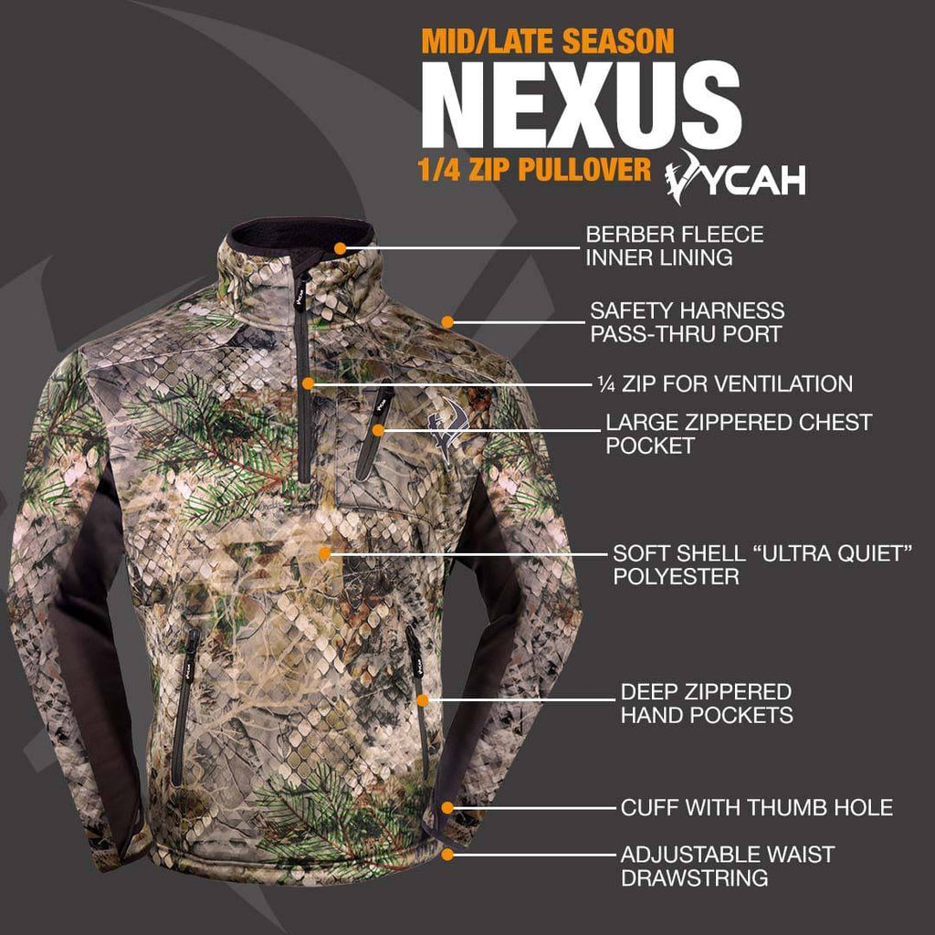 Vycah quarter-zip pullover features: Berber fleece inner lining, safety harness pass-thru port, quarter zip for ventilation, large zippered chest pocket, Ultra Quiet soft shell polyester, deep zippered hand pockets, cuff with thumb hole, adjustable waist drawstring