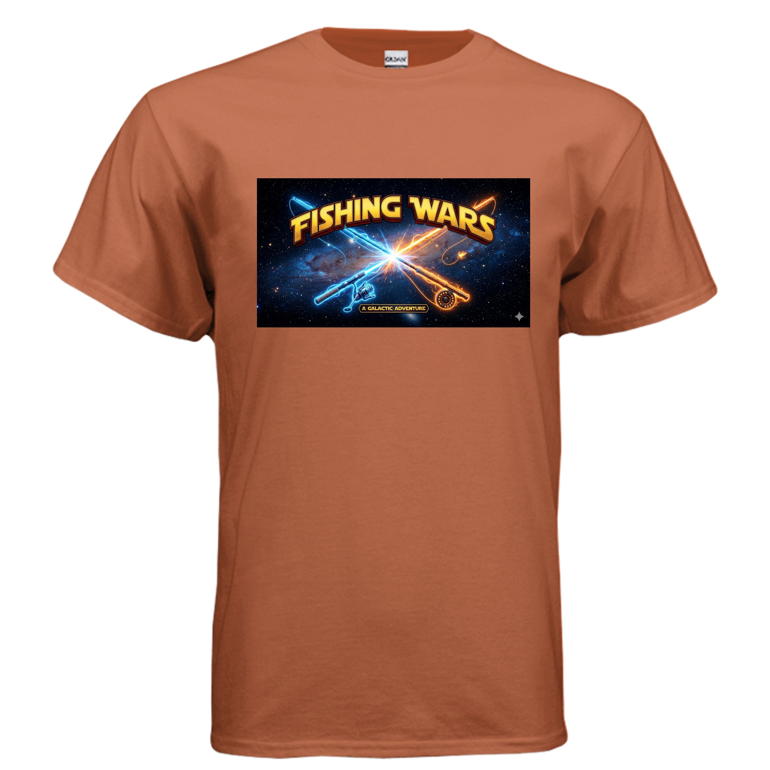 Fishing Wars T-Shirt Texas Orange - Star Wars parody fishing rods as lightsabers space graphic - front view