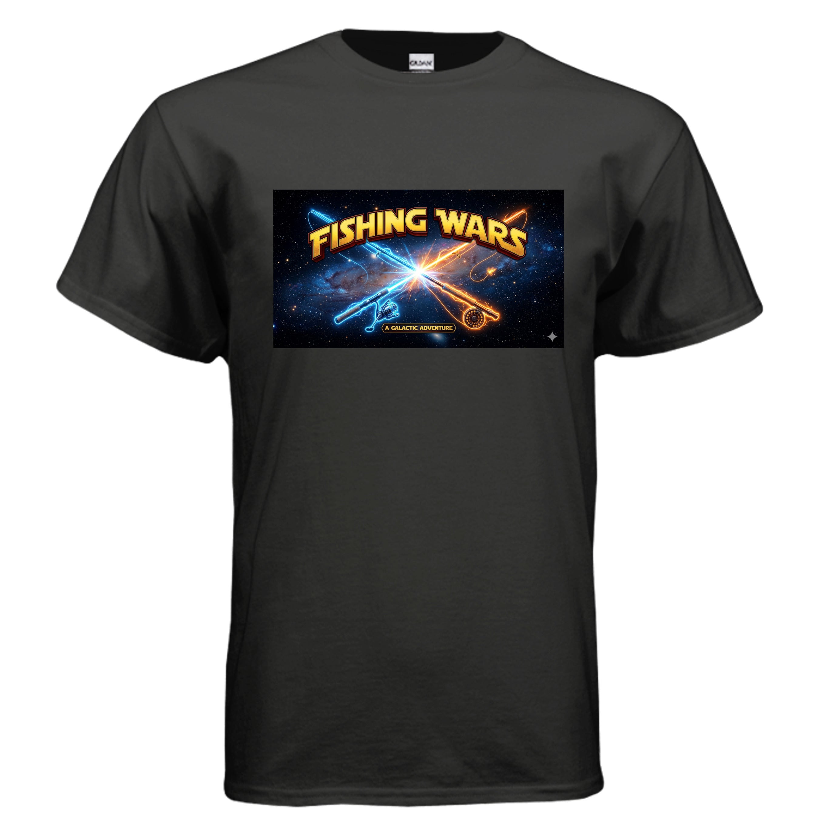 Fishing Wars T-Shirt Black - Star Wars parody fishing rods as lightsabers space graphic - front view