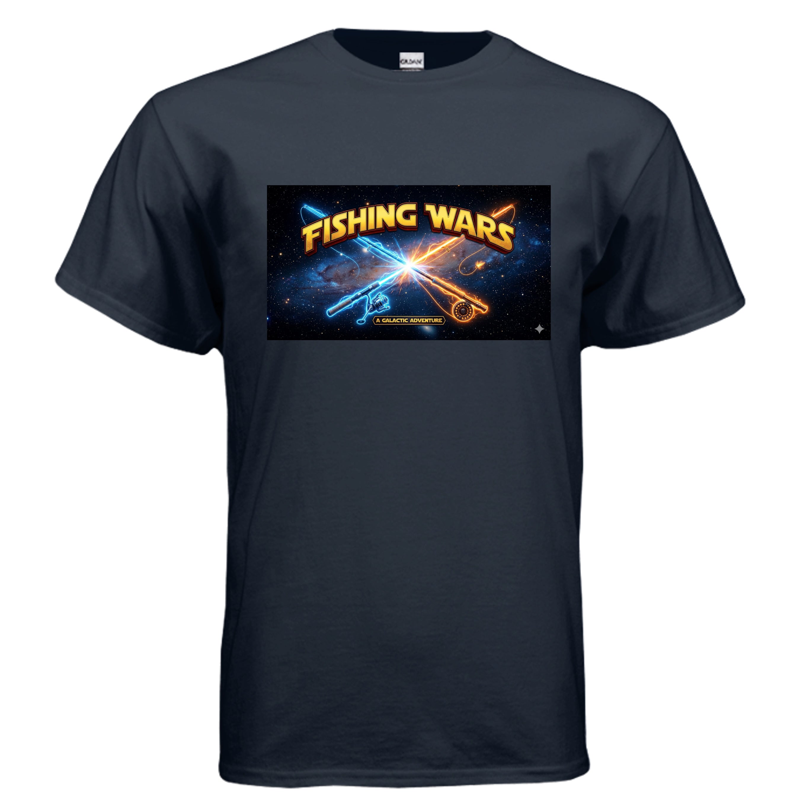 Fishing Wars T-Shirt Blue Dusk - Star Wars parody fishing rods as lightsabers space graphic - front view
