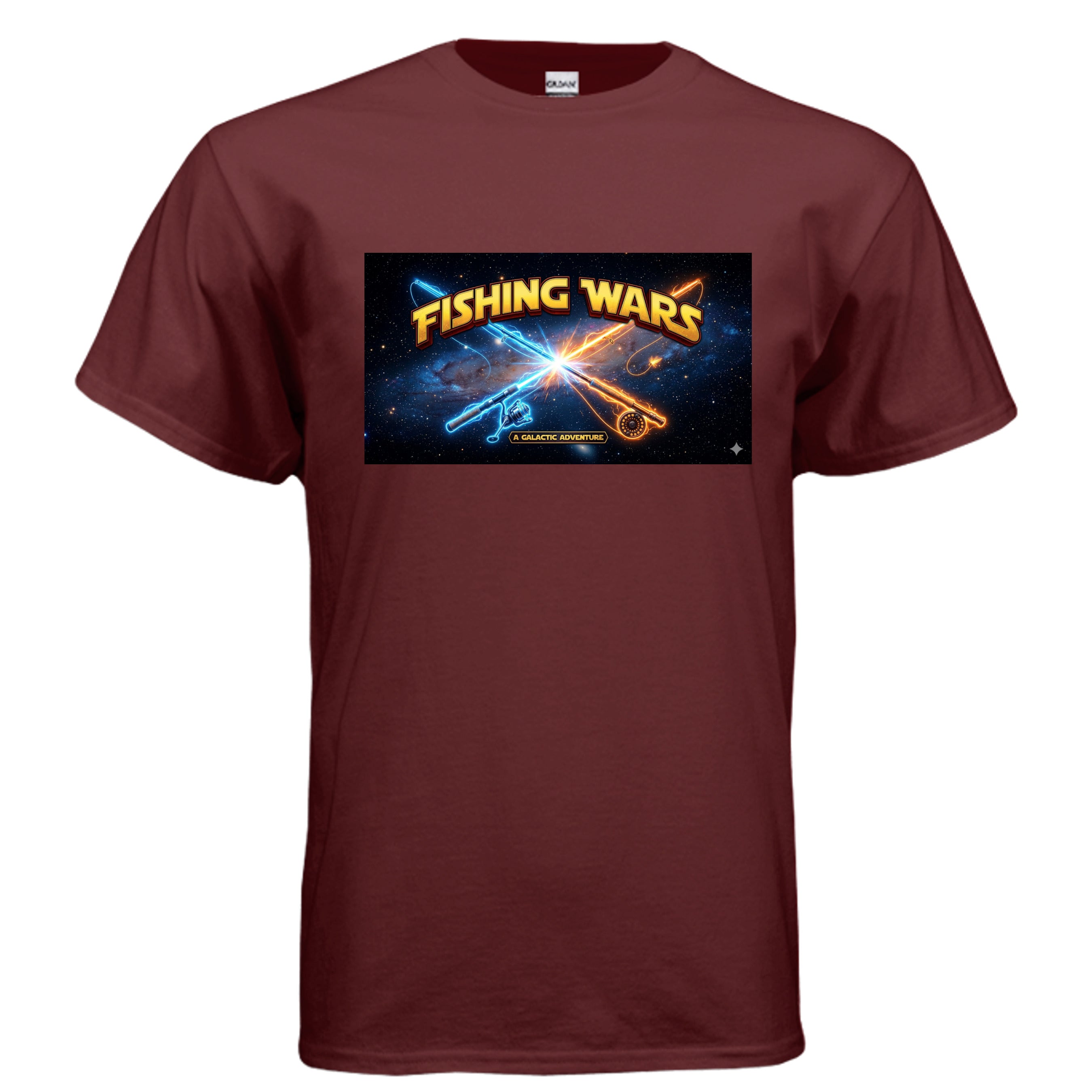 Fishing Wars T-Shirt Maroon - Star Wars parody fishing rods as lightsabers space graphic - front view