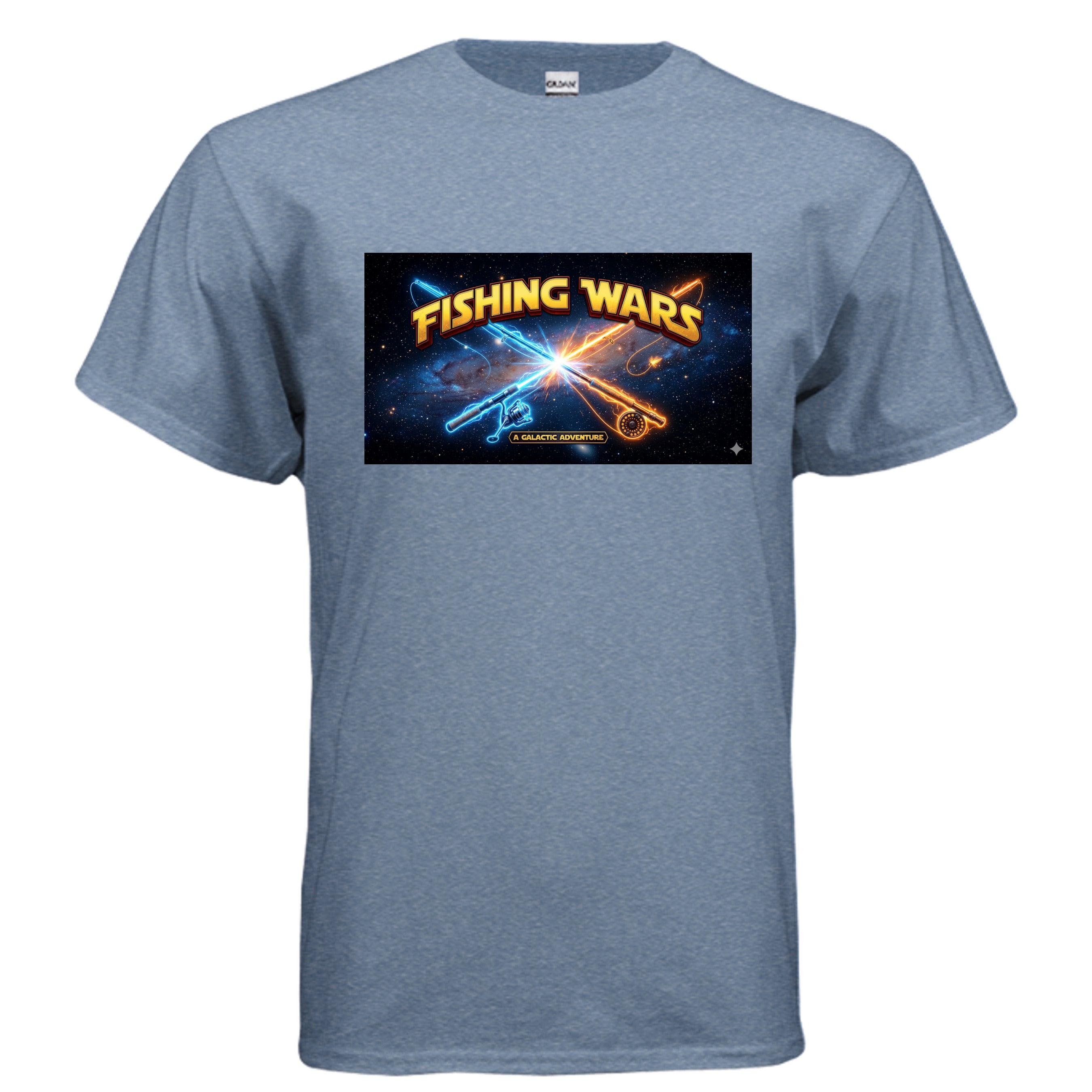 Fishing Wars T-Shirt Heather Indigo - Star Wars parody fishing rods as lightsabers space graphic - front view