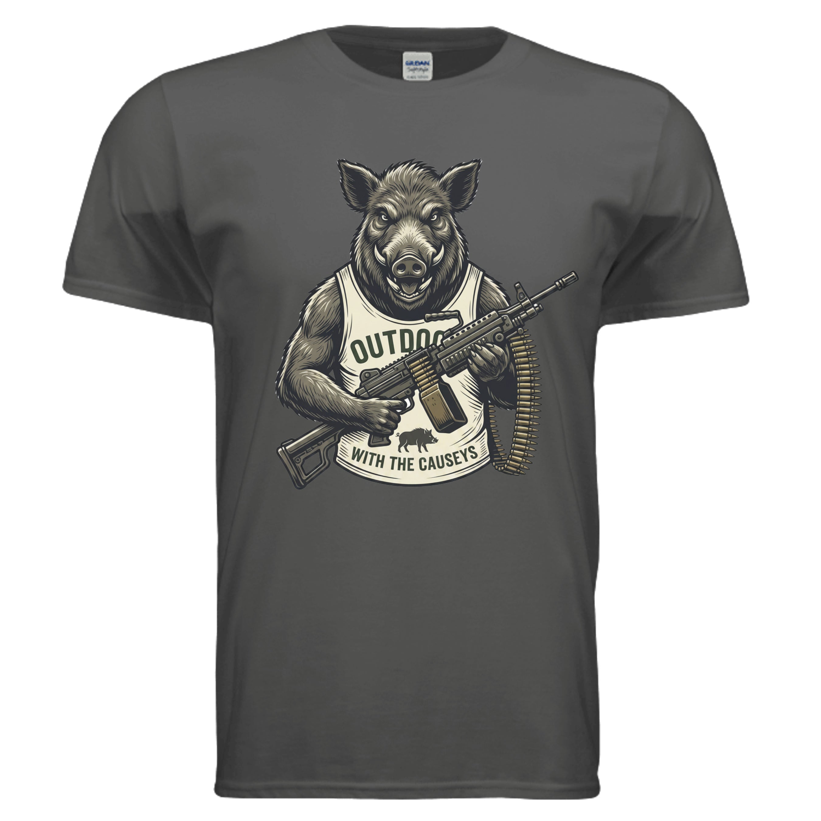 Shooting Hog T-Shirt Charcoal - muscular hog with rifle outdoor hunting graphic - front view