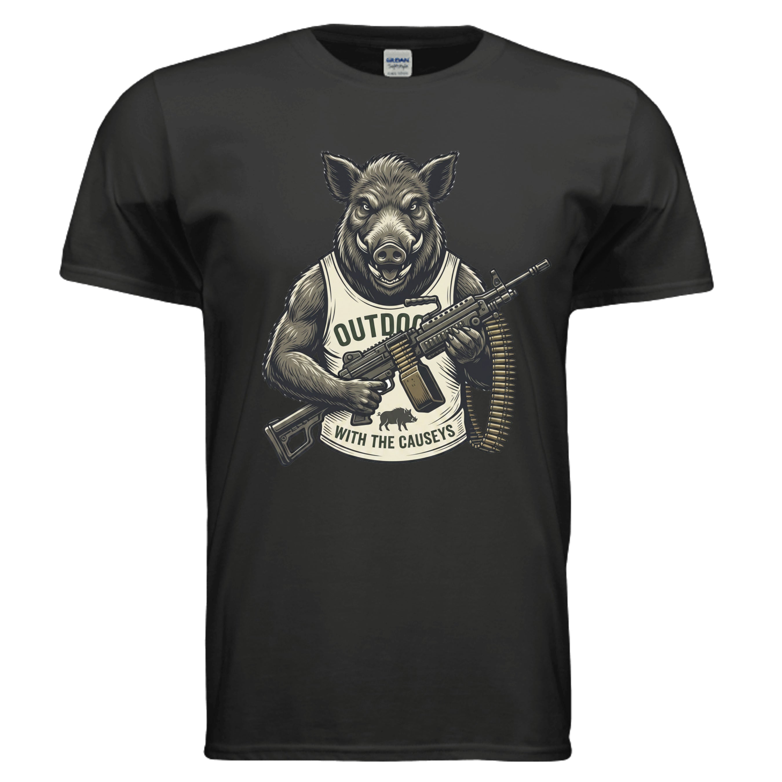 Shooting Hog T-Shirt Black - muscular hog with rifle outdoor hunting graphic - front view