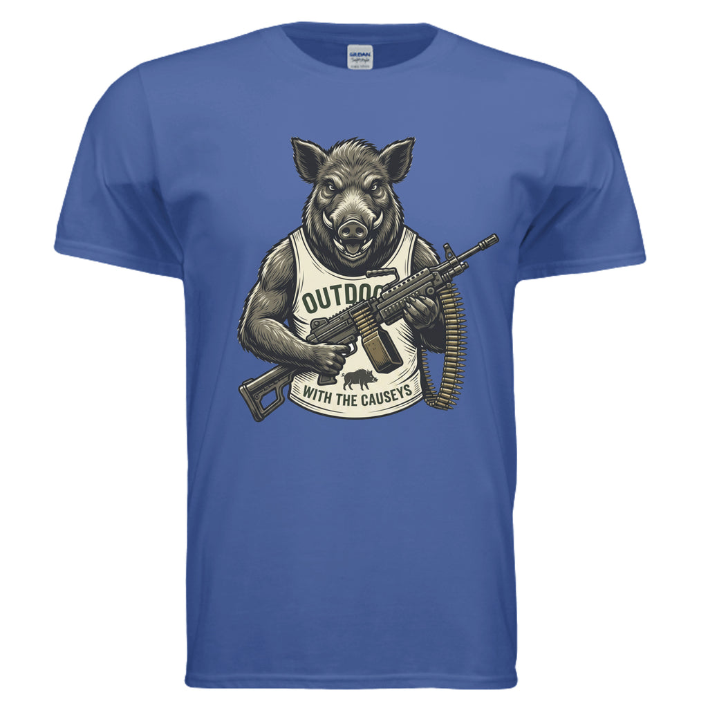 Shooting Hog T-Shirt Metro Blue - muscular hog with rifle outdoor hunting graphic - front view