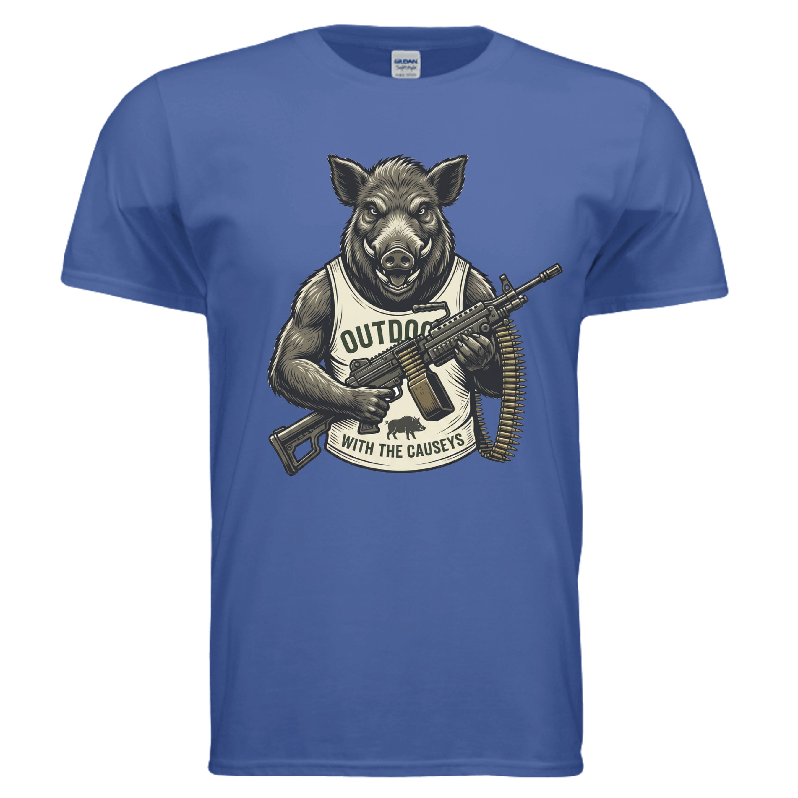 Shooting Hog T-Shirt Metro Blue - muscular hog with rifle outdoor hunting graphic - front view