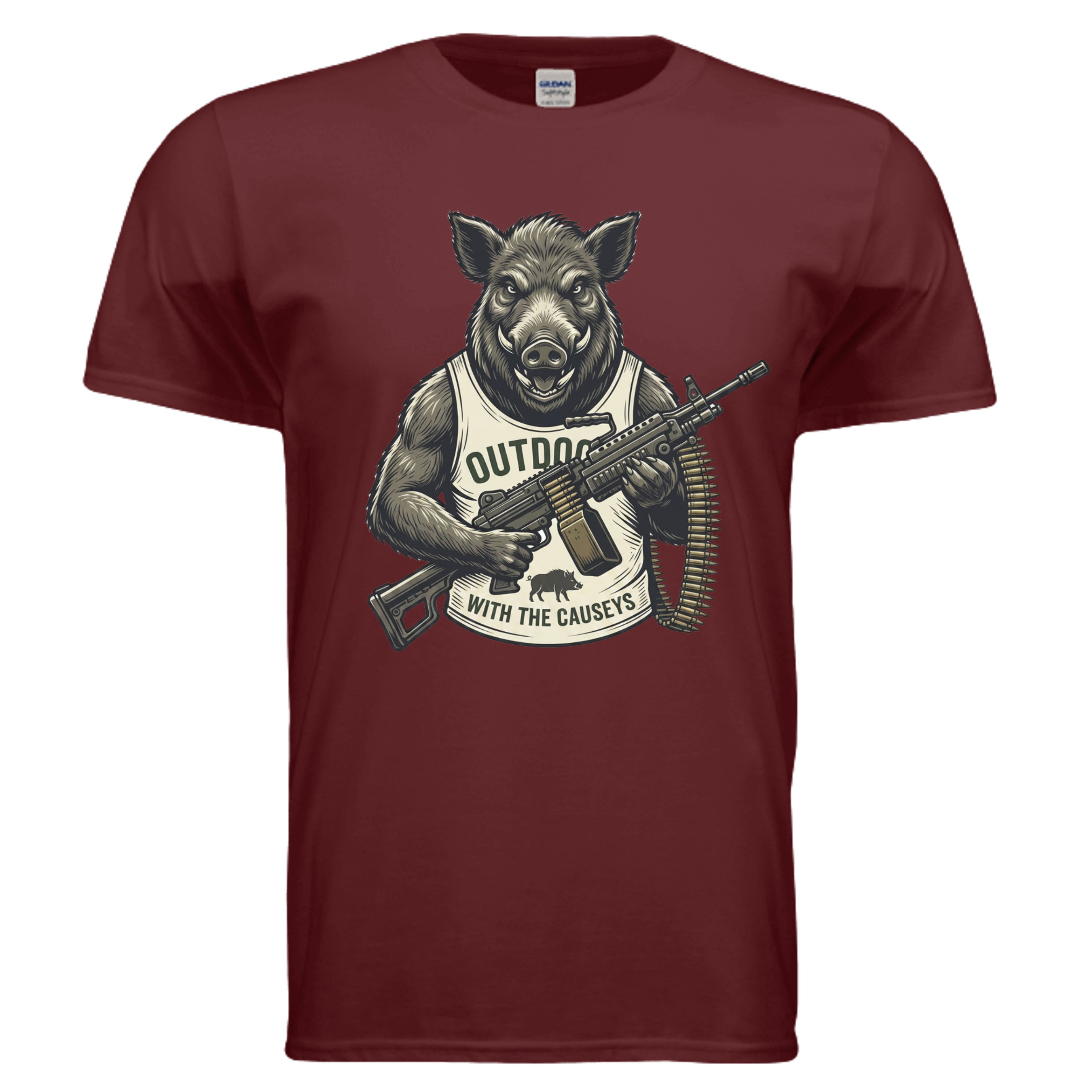 Shooting Hog T-Shirt Maroon - muscular hog with rifle outdoor hunting graphic - front view