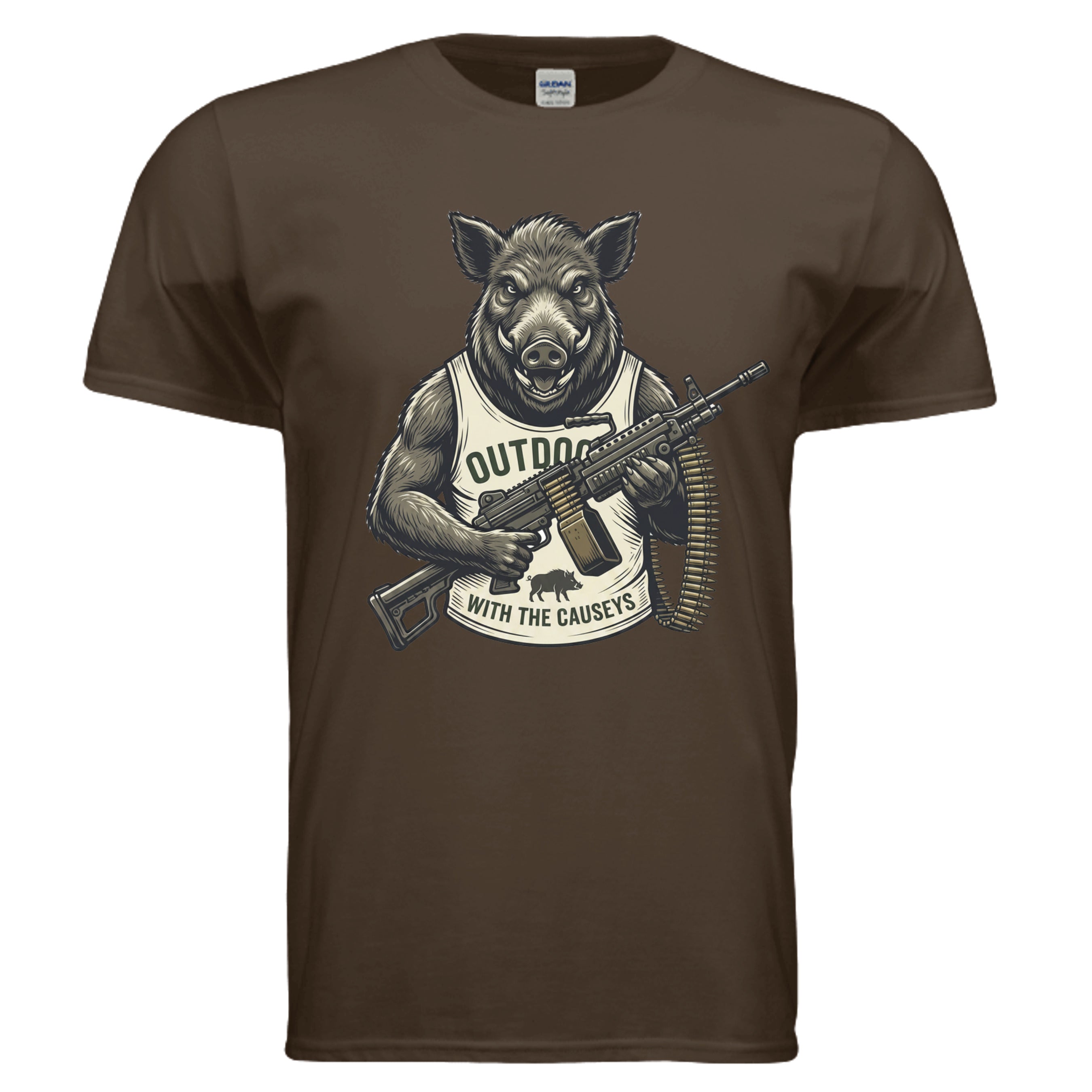 Shooting Hog T-Shirt Dark Chocolate - muscular hog with rifle outdoor hunting graphic - front view