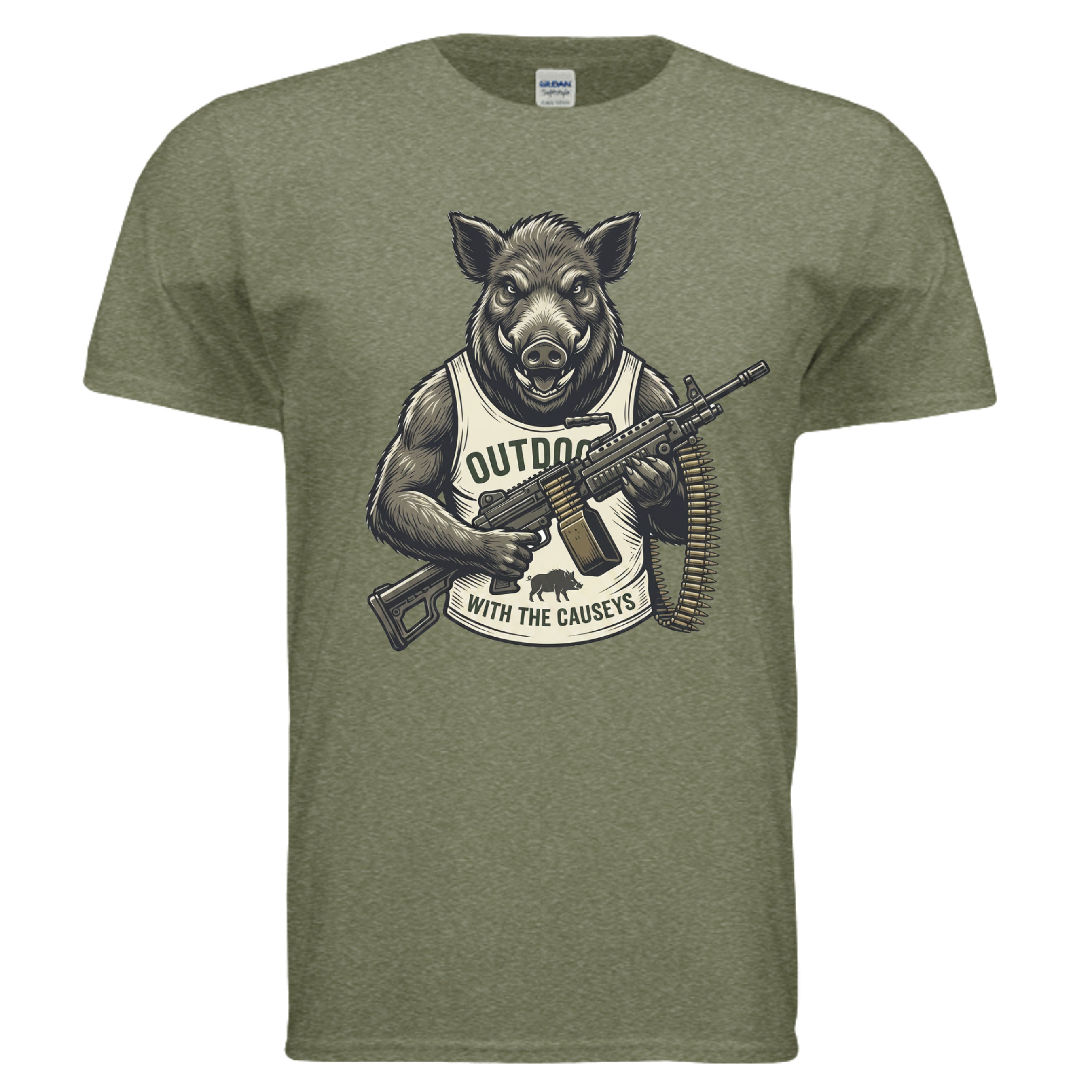 Shooting Hog T-Shirt Heather Military Green - muscular hog with rifle outdoor hunting graphic - front view