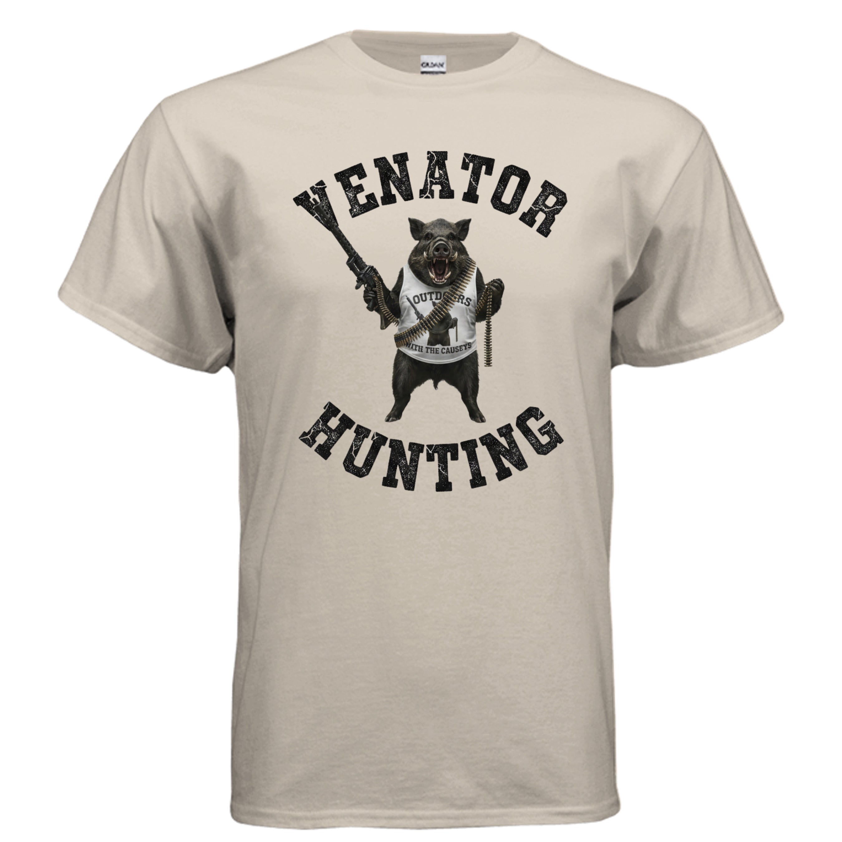 Venator Hunting Hog T-Shirt Sand - wild hog with rifle hunting graphic - front view