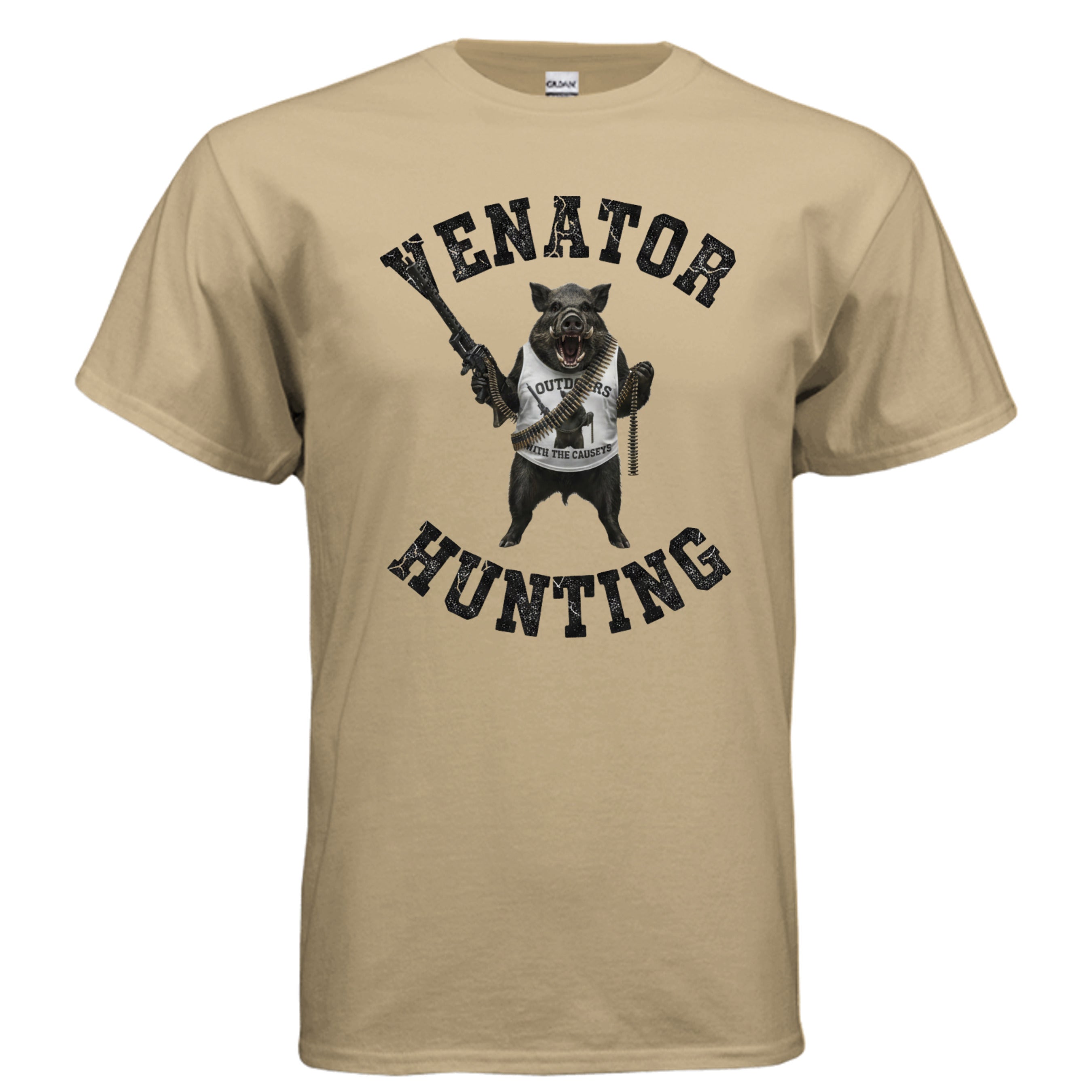 Venator Hunting Hog T-Shirt Tan - wild hog with rifle hunting graphic - front view