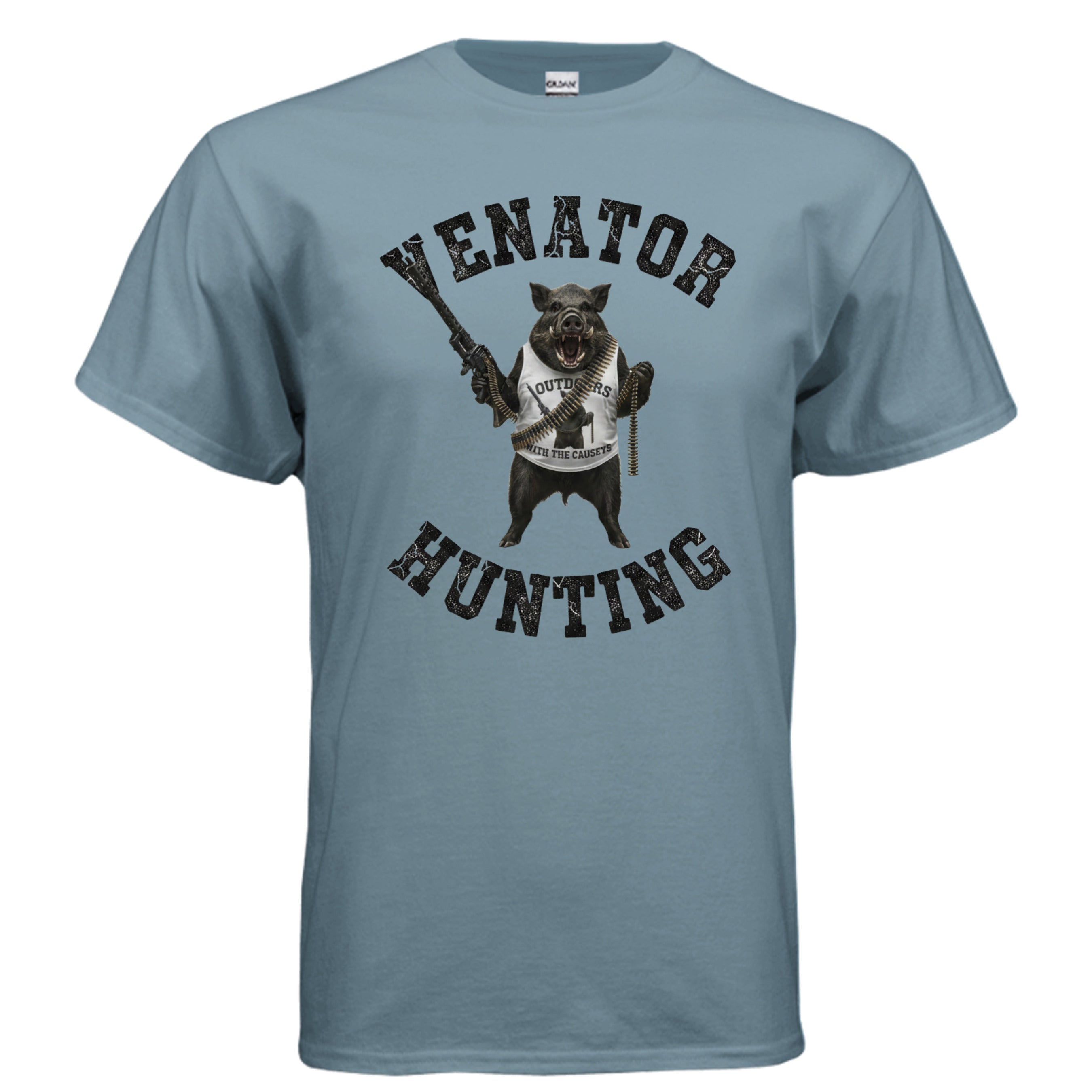 Venator Hunting Hog T-Shirt Stone Blue - wild hog with rifle hunting graphic - front view