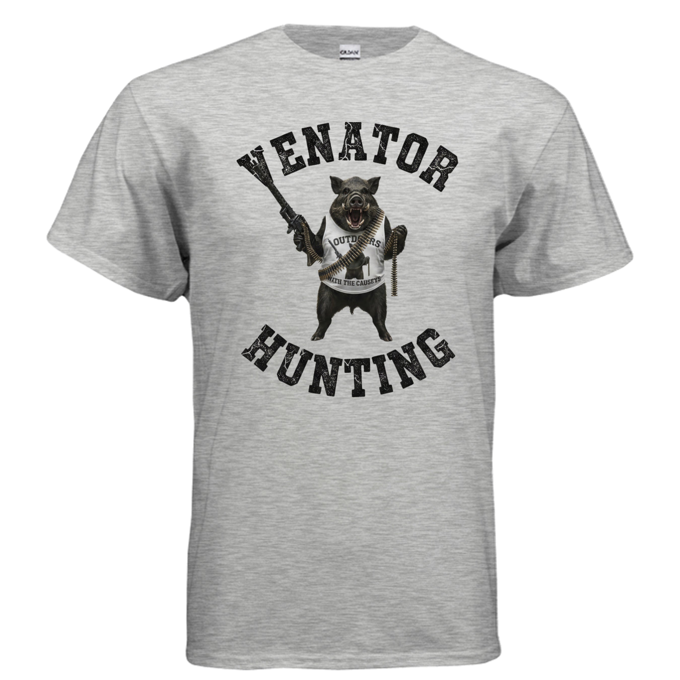 Venator Hunting Hog T-Shirt Ash - wild hog with rifle hunting graphic - front view