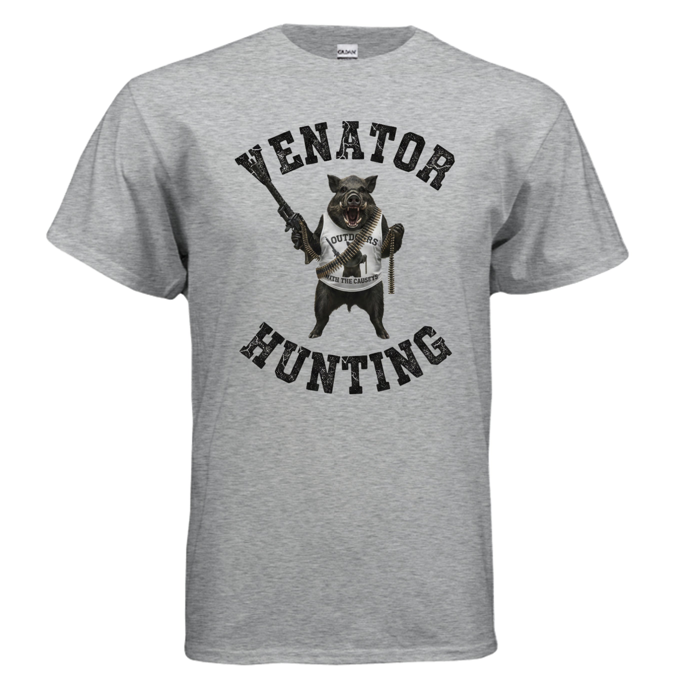 Venator Hunting Hog T-Shirt Sport Grey - wild hog with rifle hunting graphic - front view