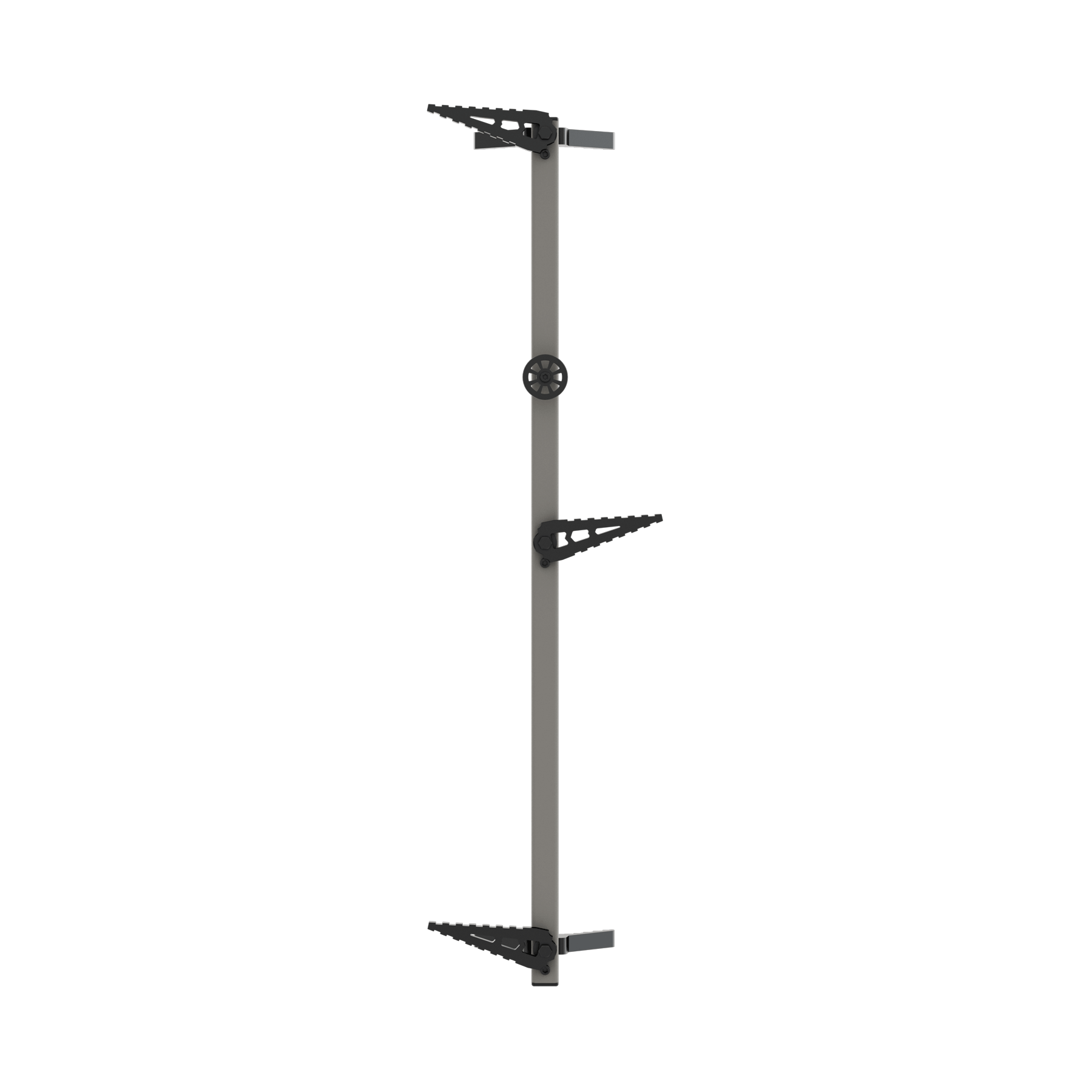 Adjustable tree stand climbing sticks for hunting, gray metal with black foot platforms and safety ring