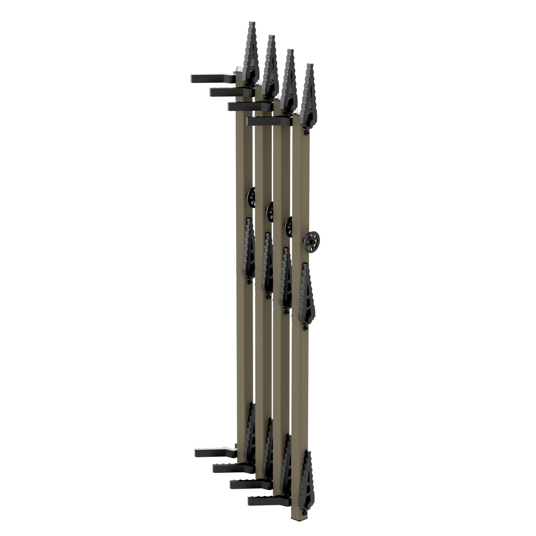 Tan and black modular hunting gear rack with adjustable hooks for bows and accessories