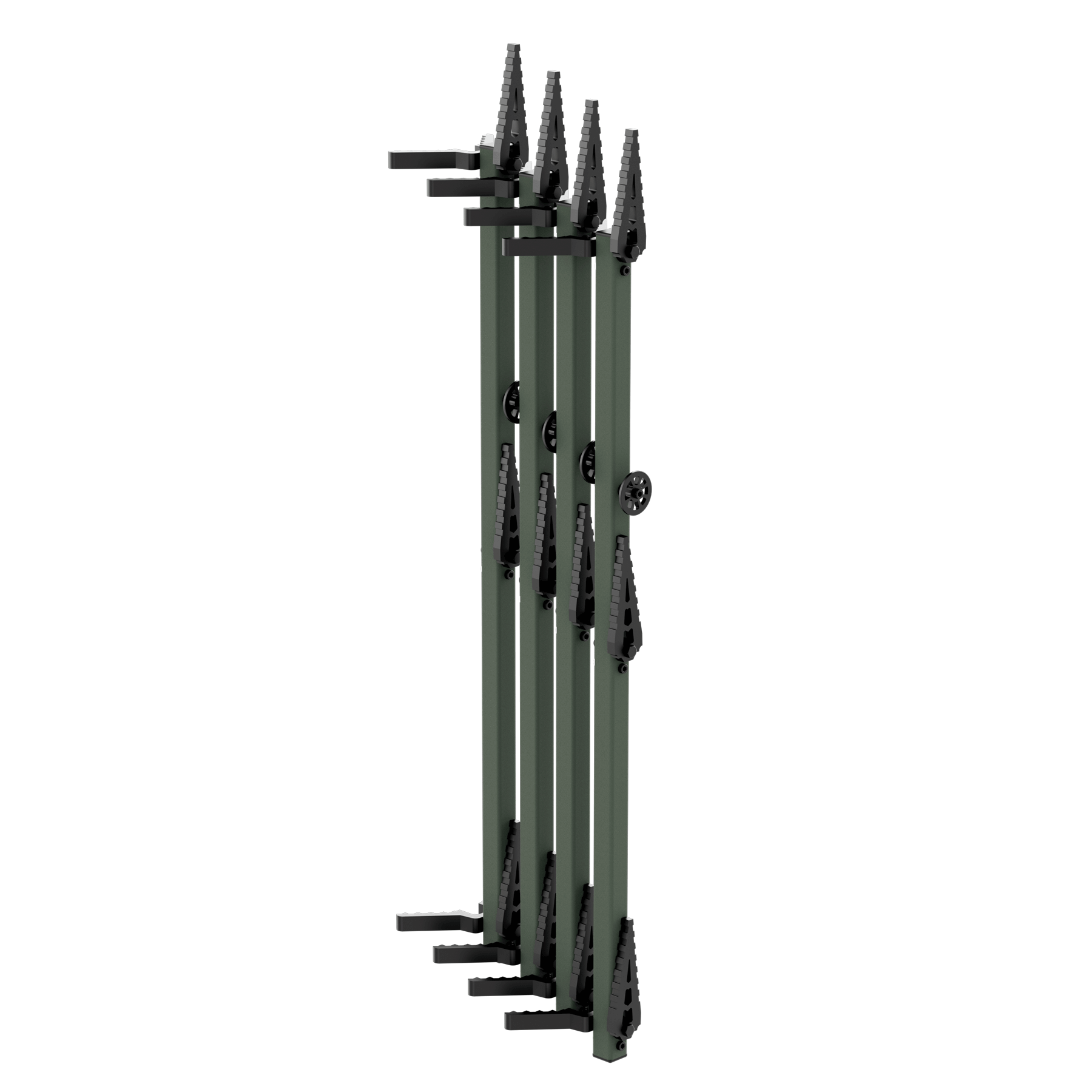 Olive green metal arrow quiver with black clips for archery hunting gear storage