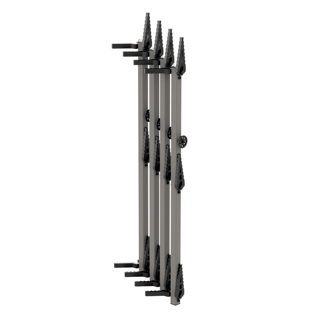 Gray and black modular hunting gear rack with adjustable slots for bows and arrows