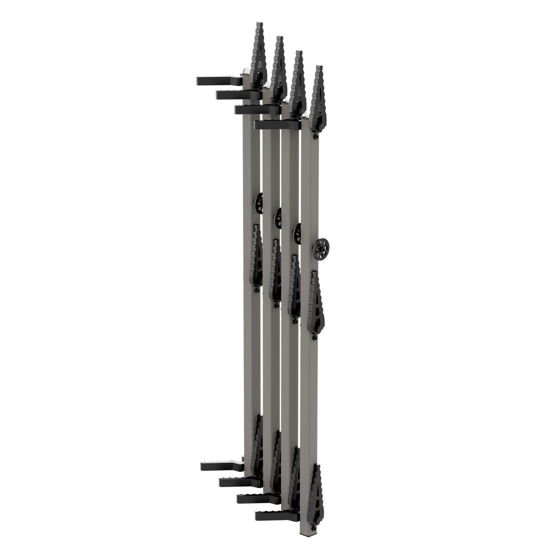 Gray and black modular hunting gear rack with adjustable slots for bows and arrows
