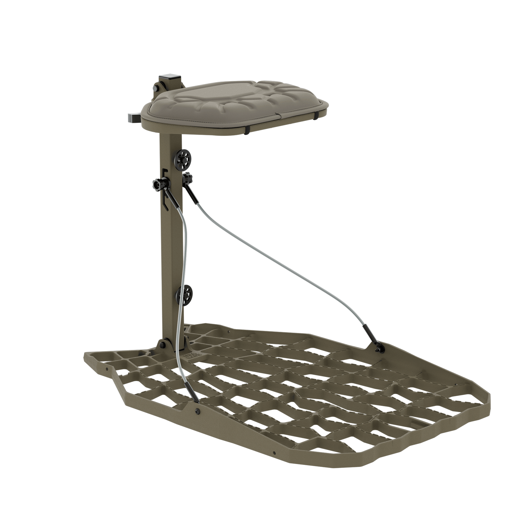 Tan hunting tree stand with padded seat and adjustable straps for secure outdoor use