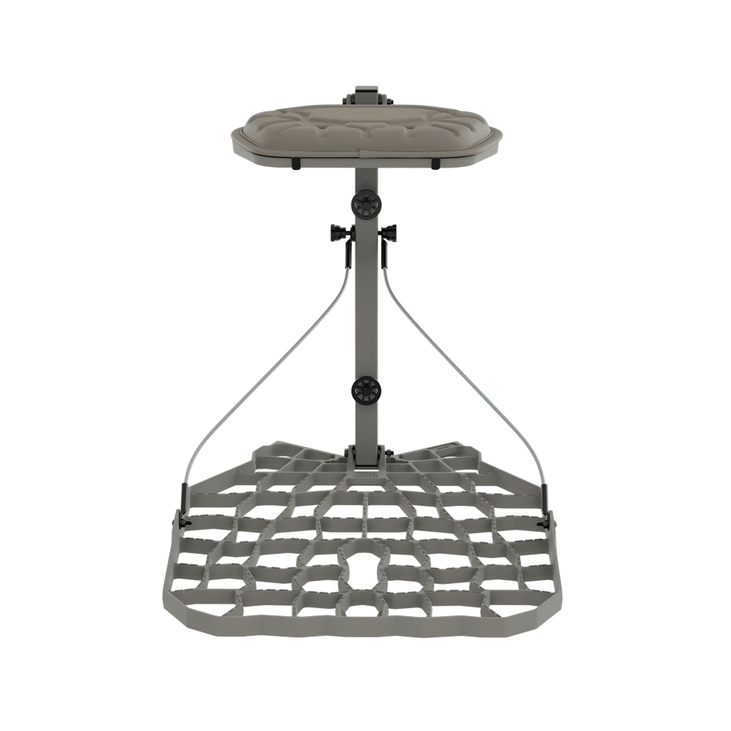 Adjustable hunting tree stand with padded seat and hex grid platform for outdoor hunting gear