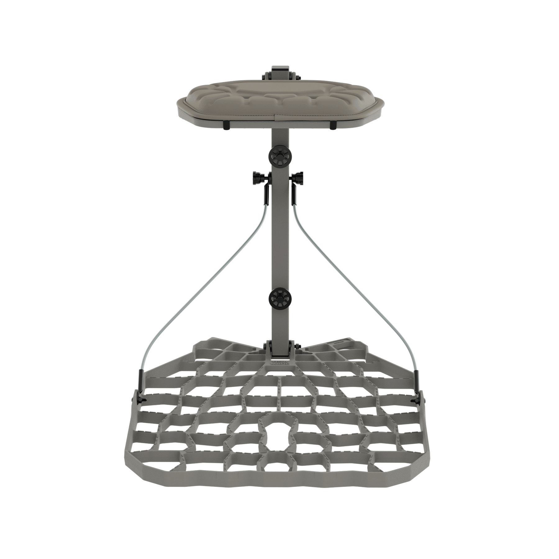 Adjustable hunting tree stand with padded seat and hex grid platform for outdoor hunting gear