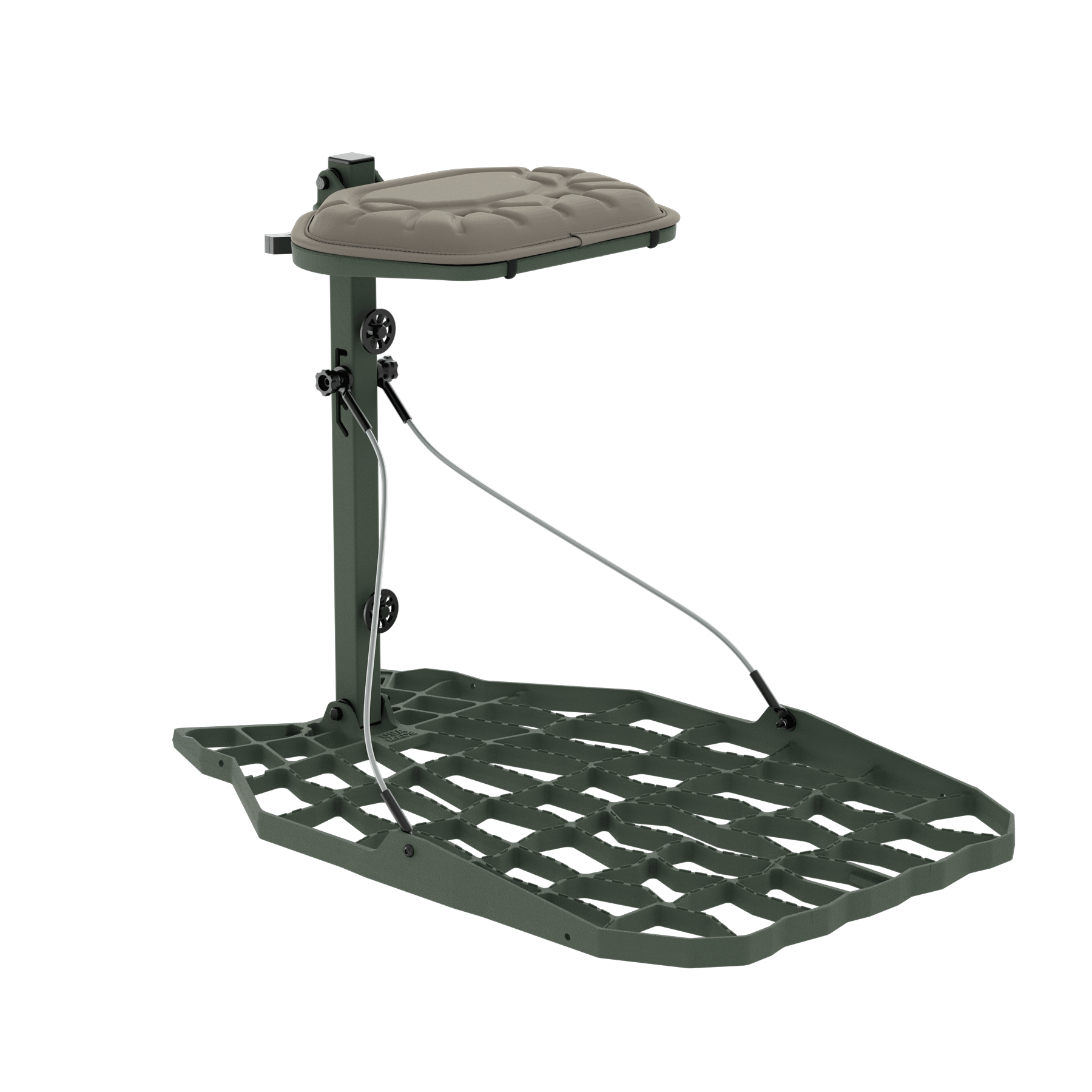 Olive green hunting tree stand with padded seat and adjustable straps for secure mounting