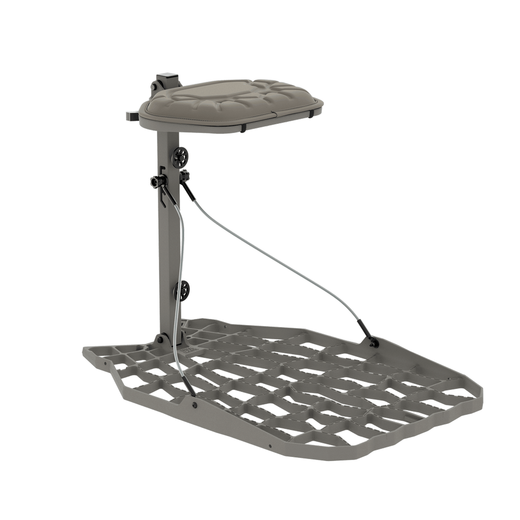 Adjustable hunting tree stand with padded seat and foot platform for elevated deer hunting