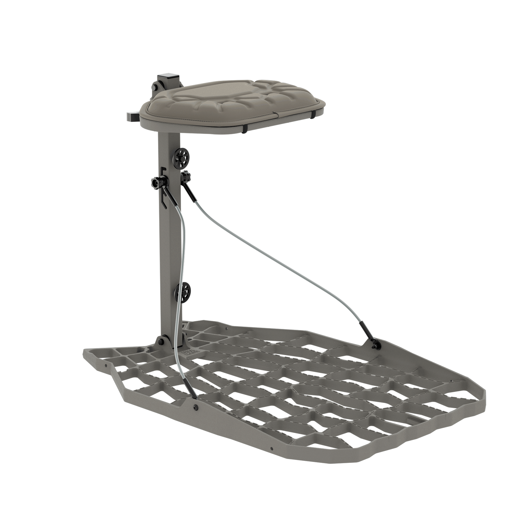Adjustable hunting tree stand with padded seat and foot platform for elevated deer hunting