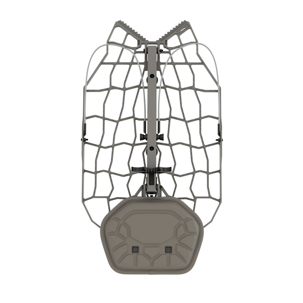 Gray hunting backpack frame with mesh back panel and adjustable straps for outdoor gear