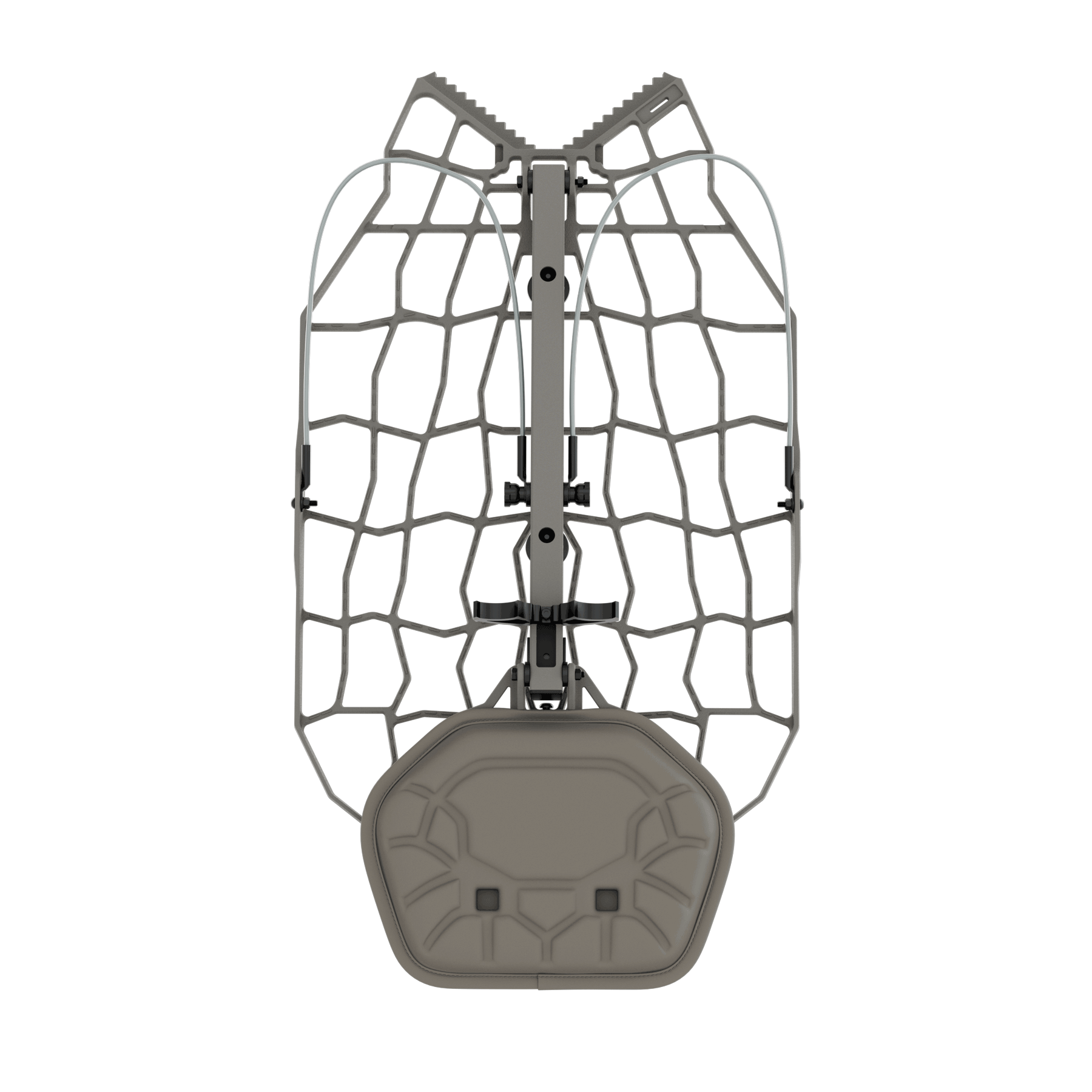 Gray hunting backpack frame with mesh back panel and adjustable straps for outdoor gear