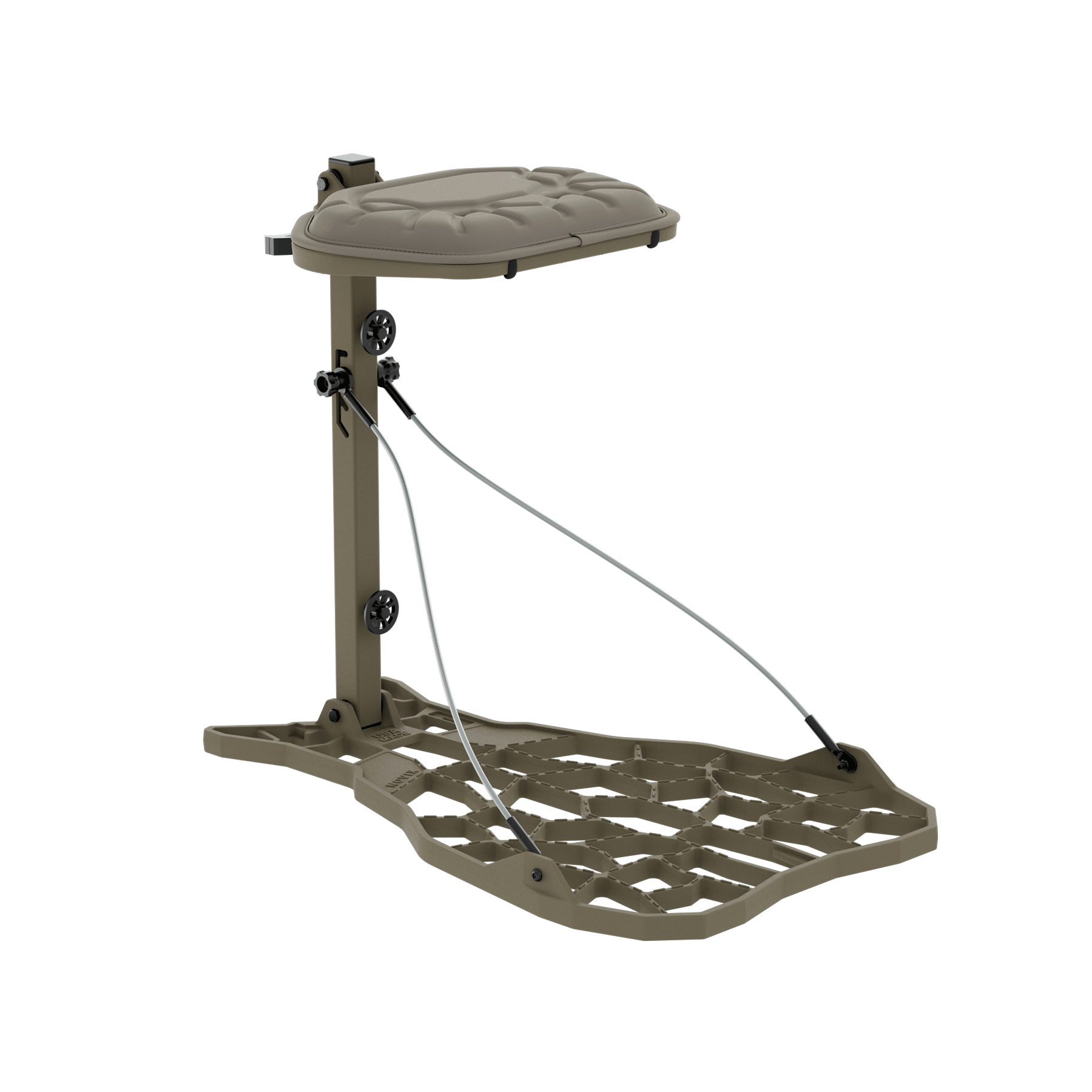 Tan hunting tree stand with padded seat and adjustable foot platform for elevated outdoor use