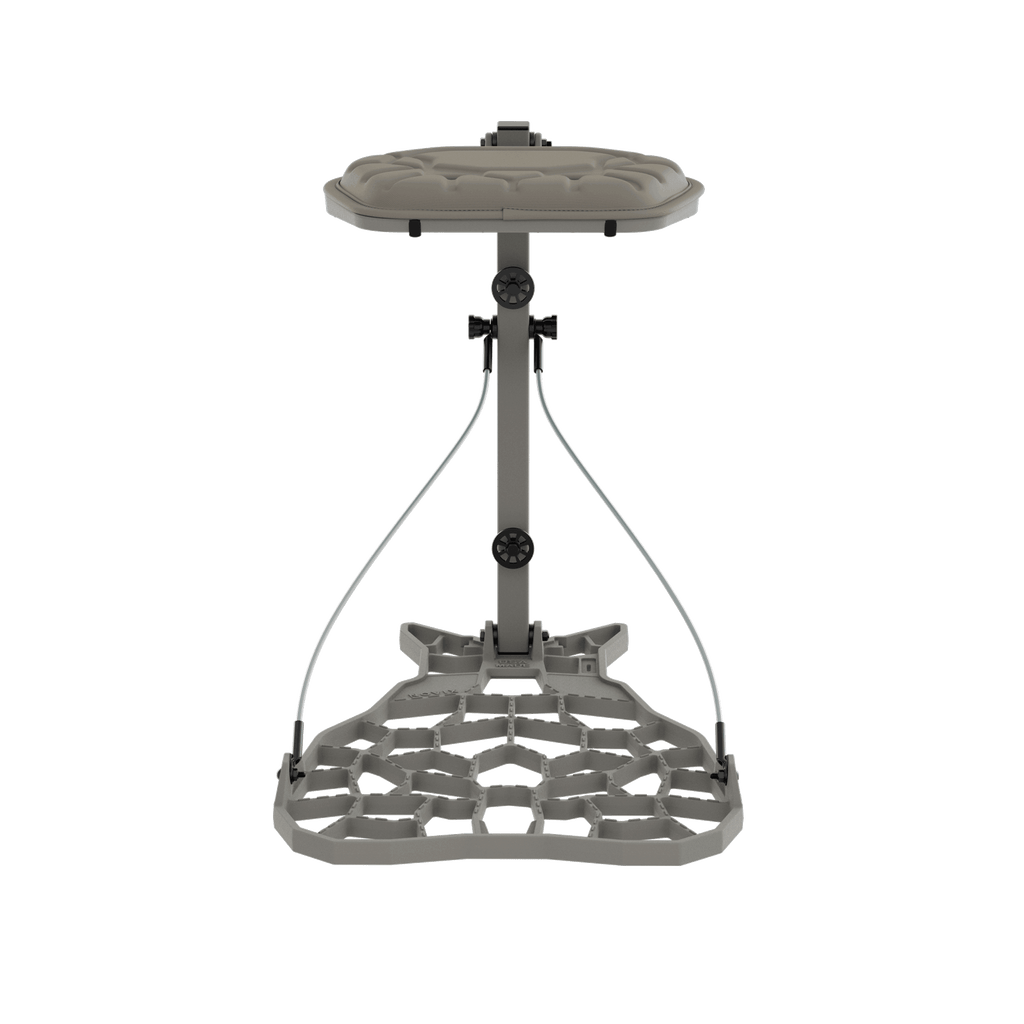 Adjustable hunting tree stand with padded seat and hexagonal base for stability in the field