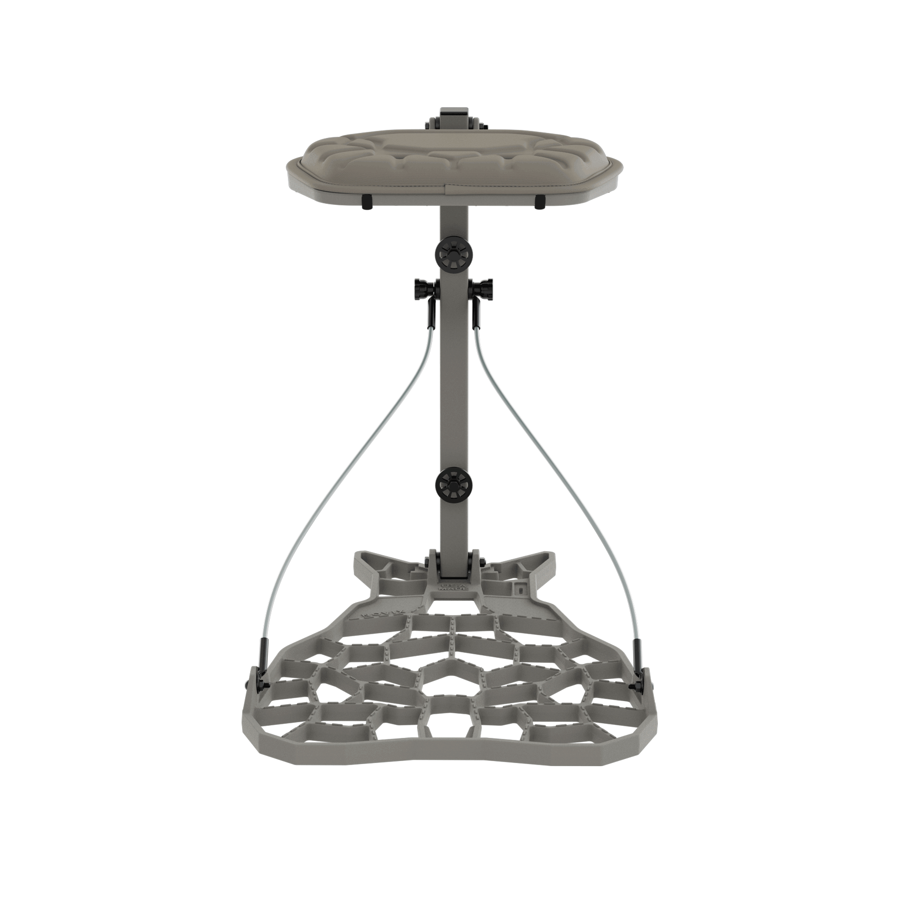 Adjustable hunting tree stand with padded seat and hexagonal base for stability in the field