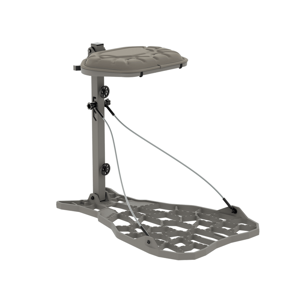 Adjustable hunting tree stand with padded seat and foot platform for elevated outdoor use