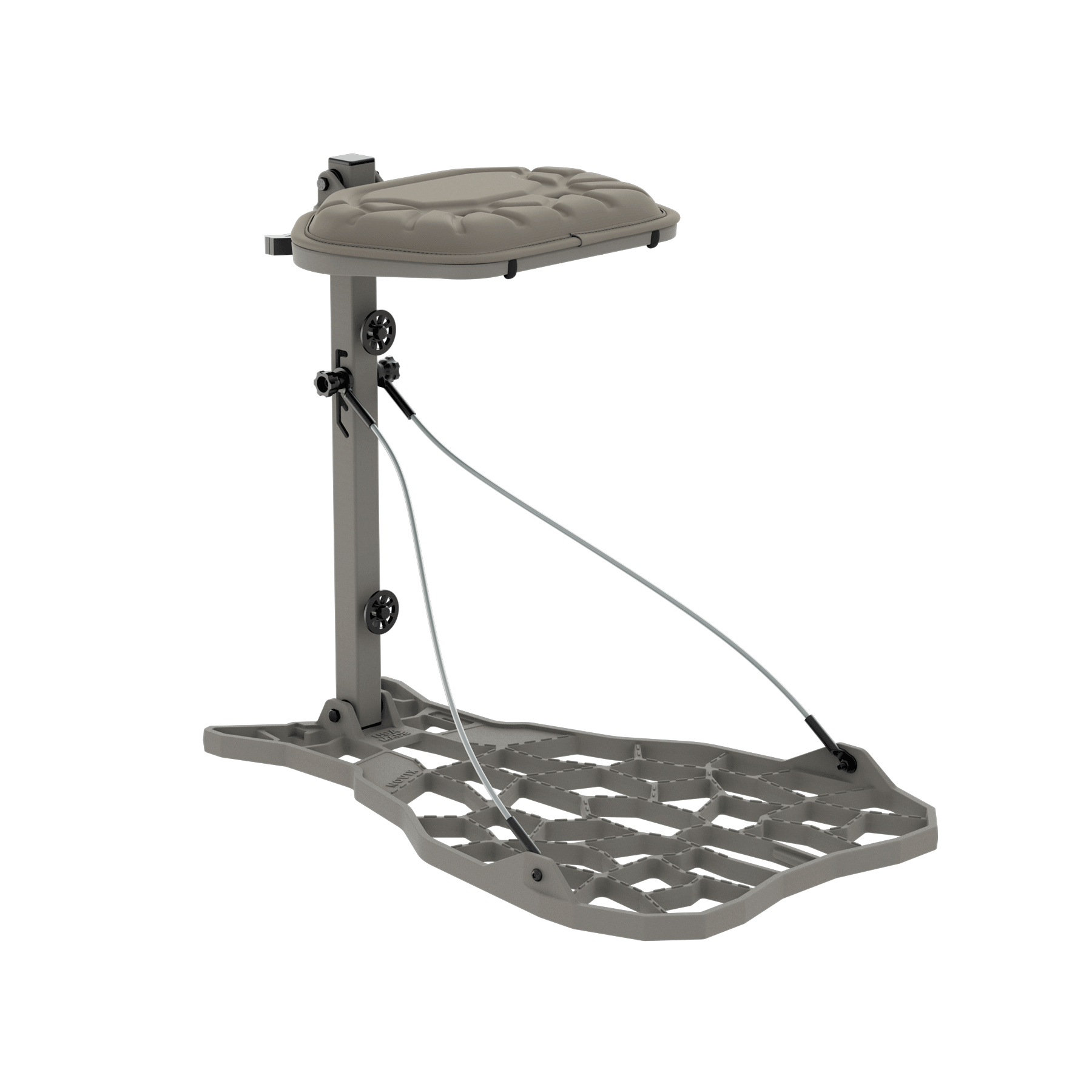 Adjustable hunting tree stand with padded seat and foot platform for elevated outdoor use