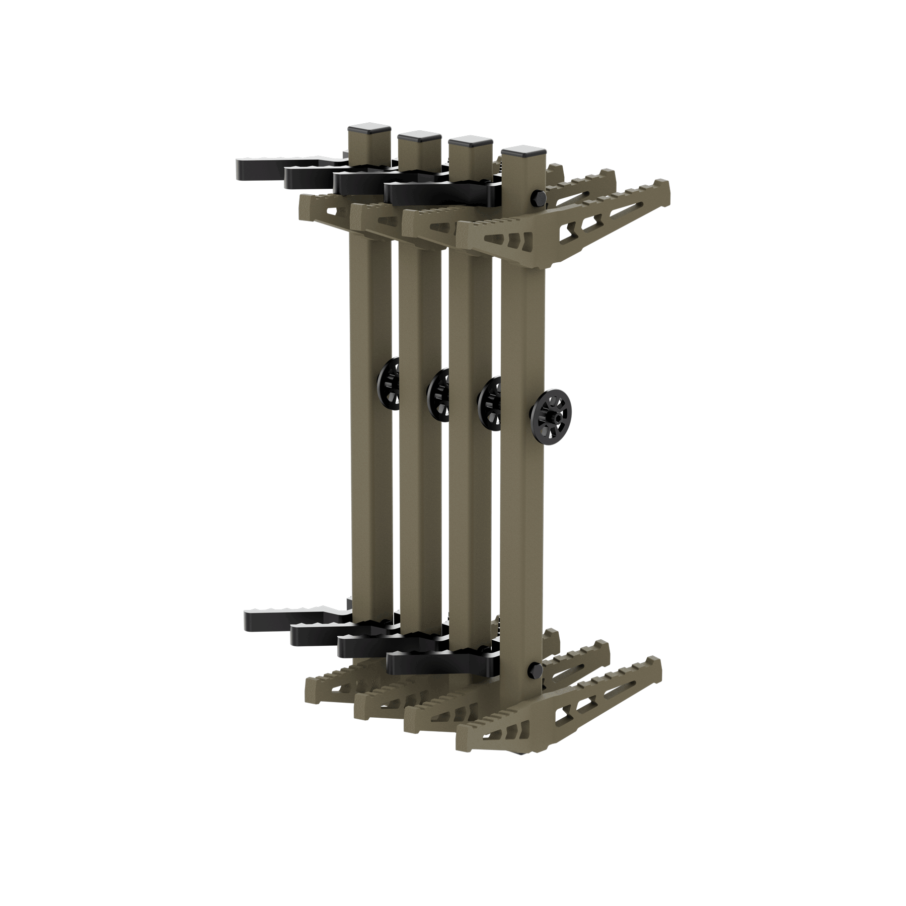 Olive green and black modular hunting gear stand with adjustable slots and wheels for outdoor equipment storage