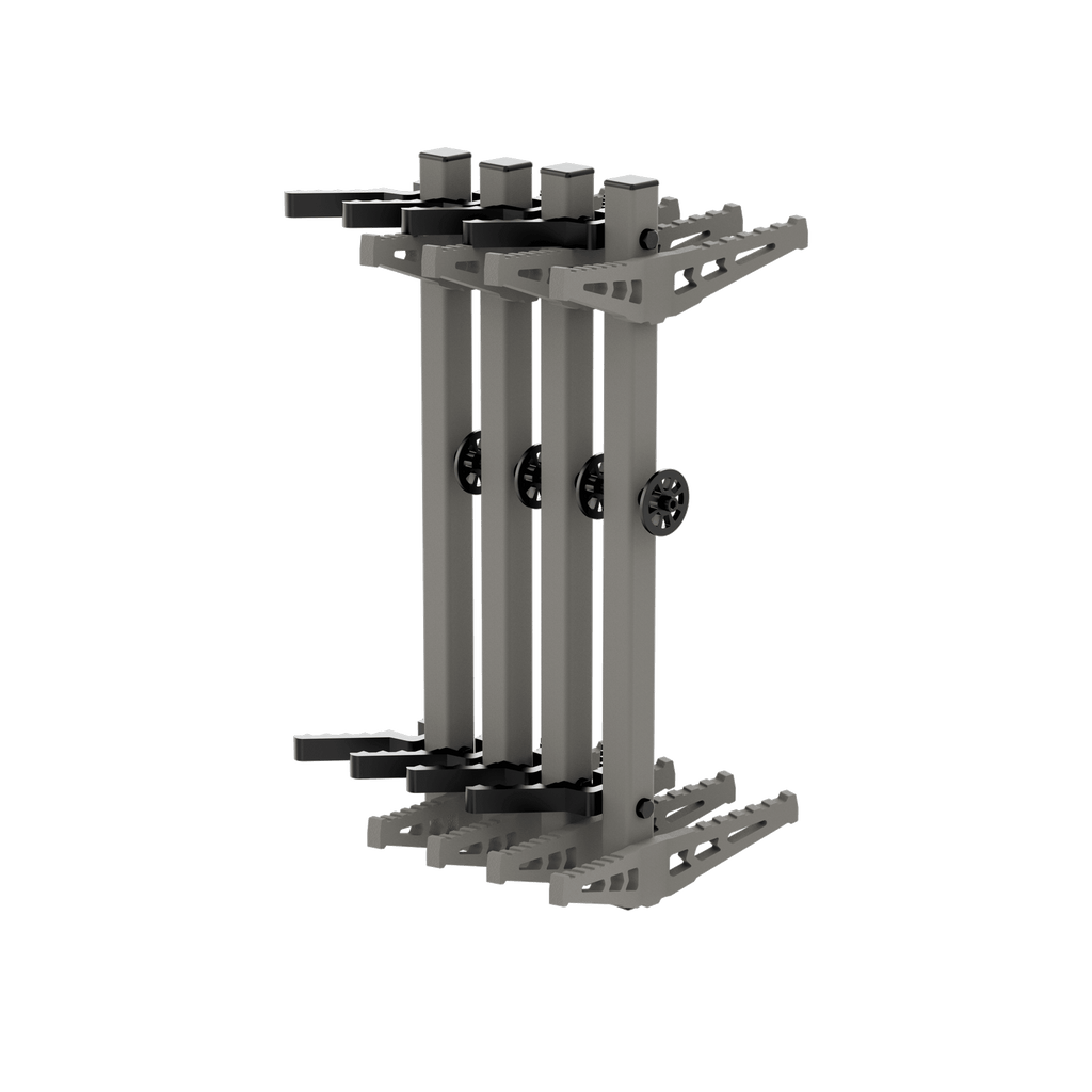 Gray and black modular gun rack for hunting rifles, adjustable storage with vertical slots and locking knobs