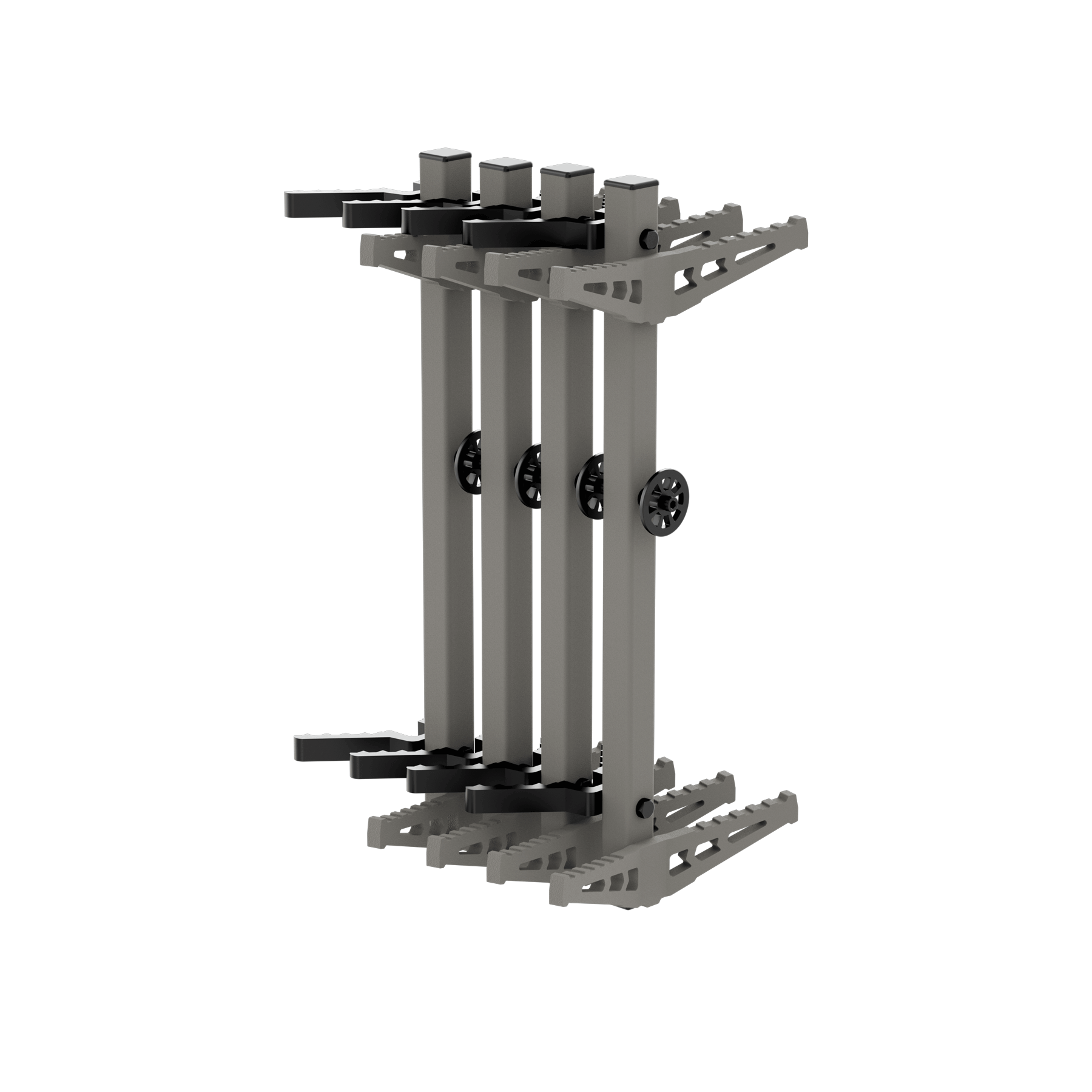 Gray and black modular gun rack for hunting rifles, adjustable storage with vertical slots and locking knobs