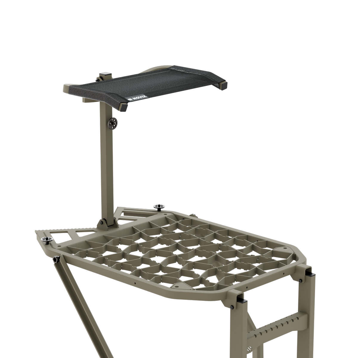 Olive green hunting tree stand with adjustable black seat, ideal for outdoor hunting and elevated shooting