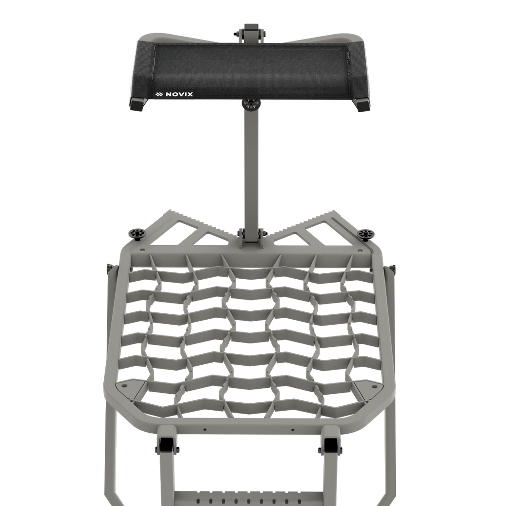 Novix hunting chair with gray frame and black mesh backrest, ideal for outdoor seating