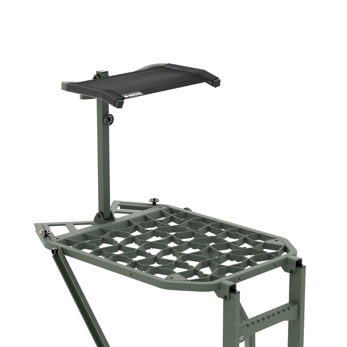 Olive green hunting shooting bench with adjustable black fabric rest, ideal for outdoor target practice and firearm support