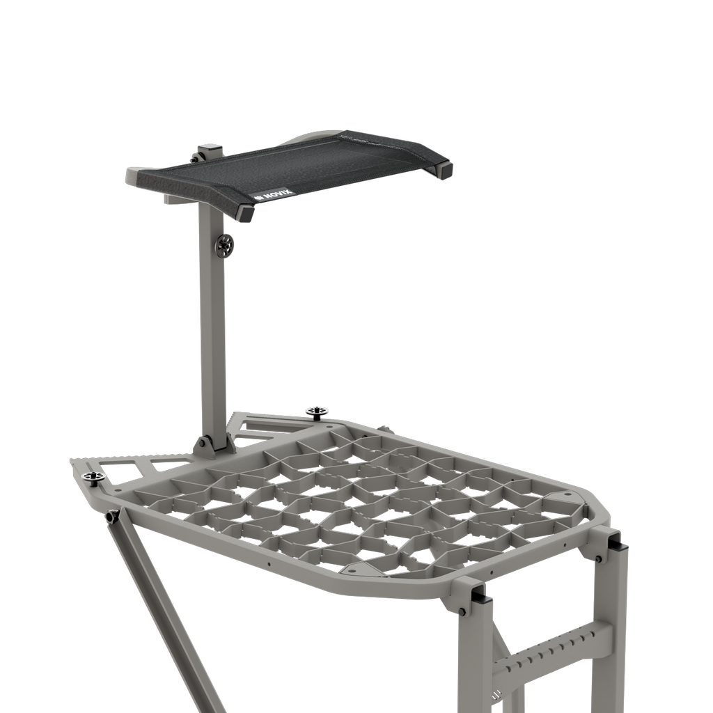 Gray hunting shooting rest with adjustable arm and Novix logo, ideal for precision aiming in outdoor gear setups